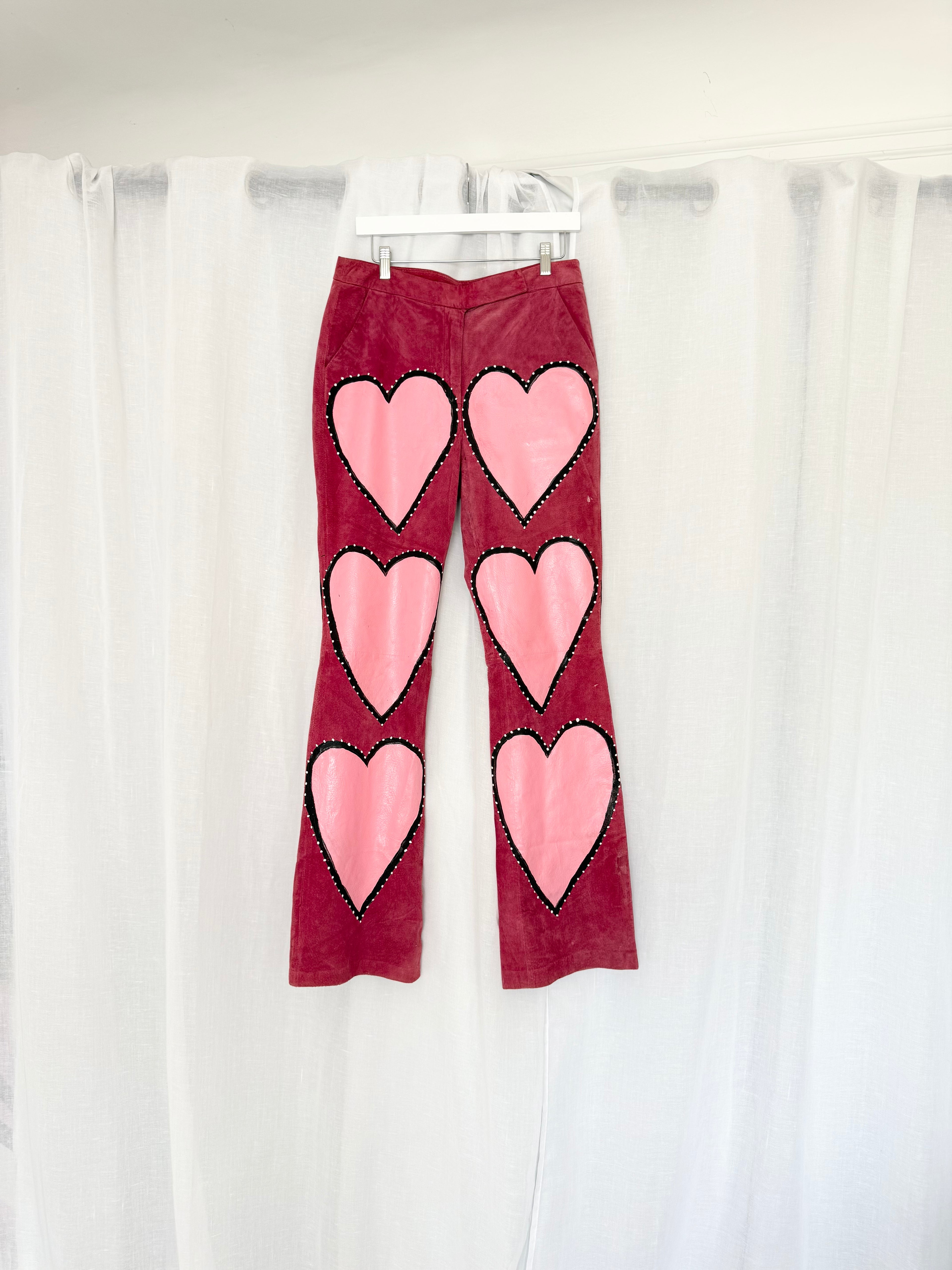 hand painted pink heart suede leather pants (32")