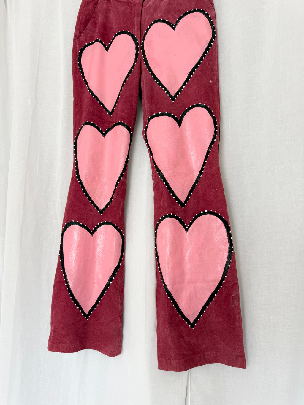 hand painted pink heart suede leather pants (32")