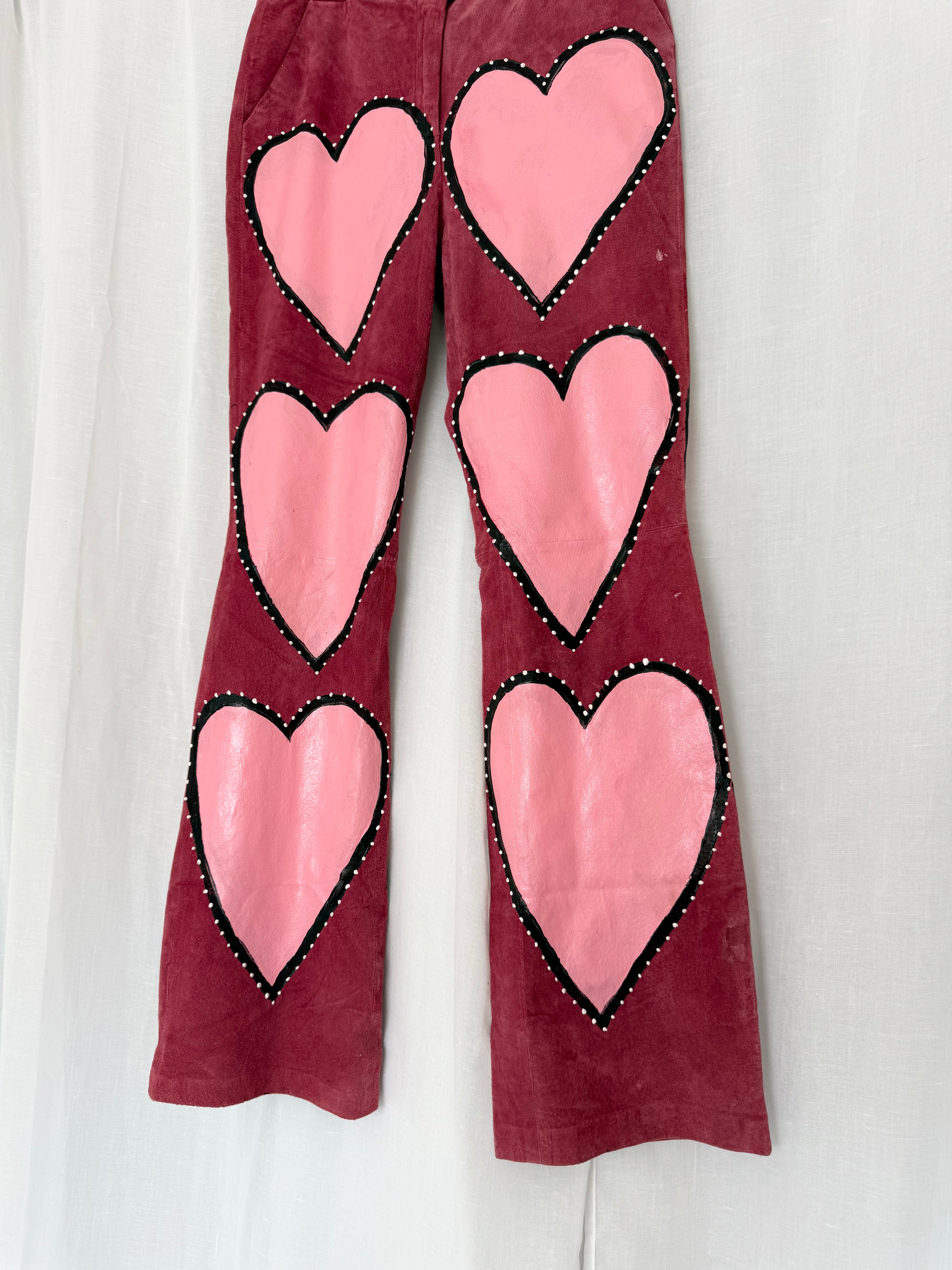 hand painted pink heart suede leather pants (32")