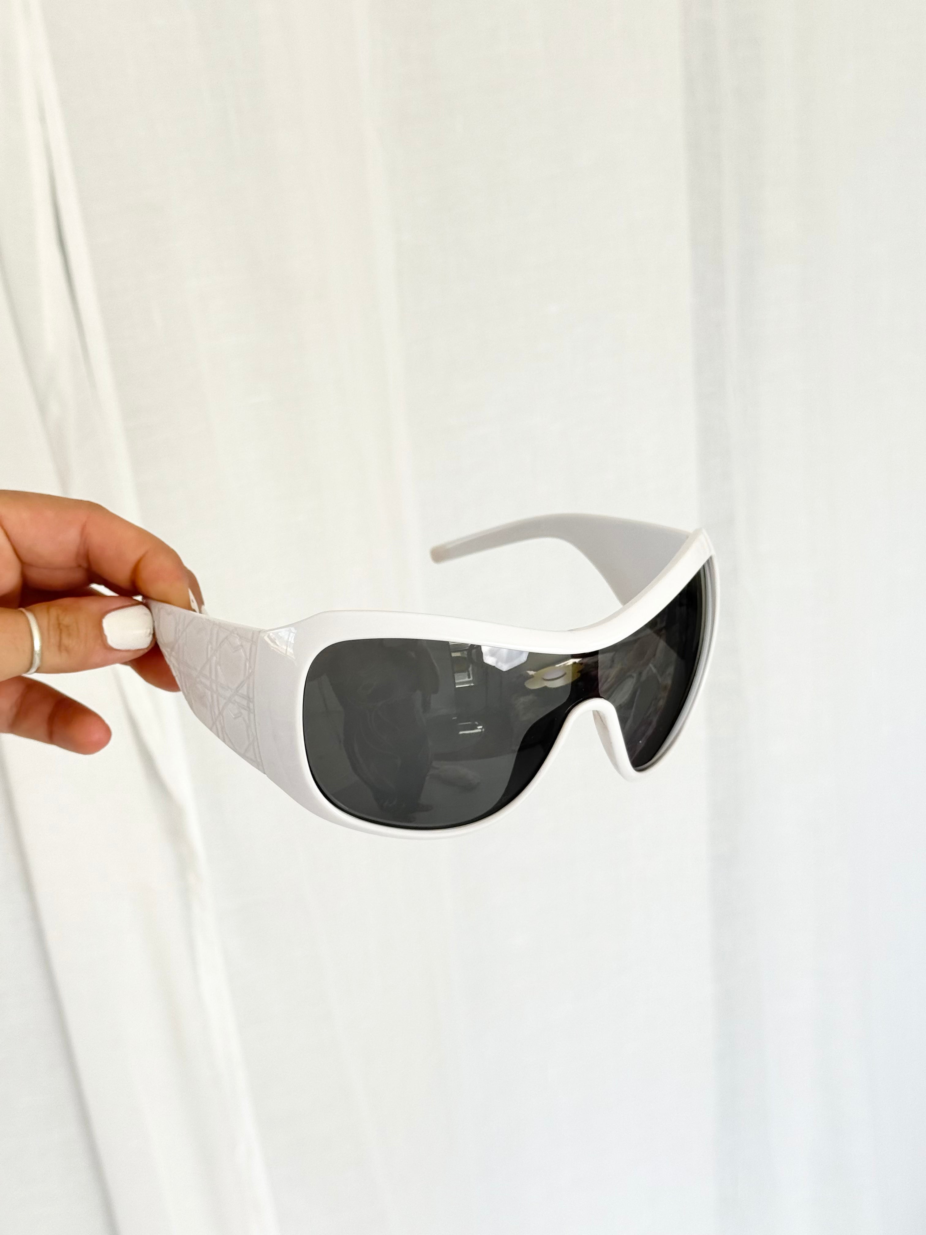 futuristic white shield wraparound sunglasses
