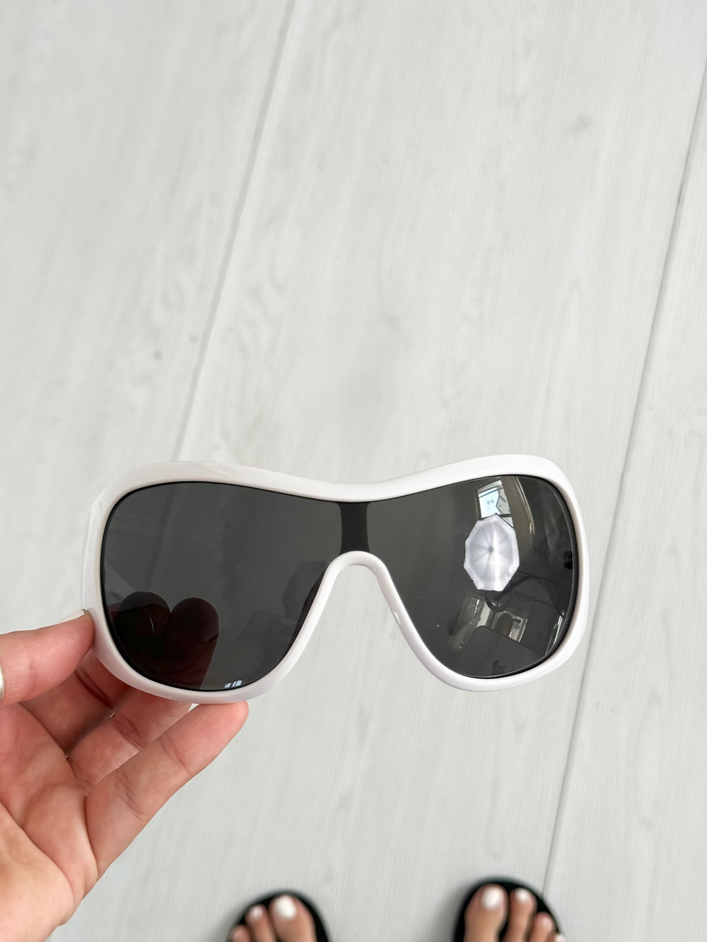 futuristic white shield wraparound sunglasses