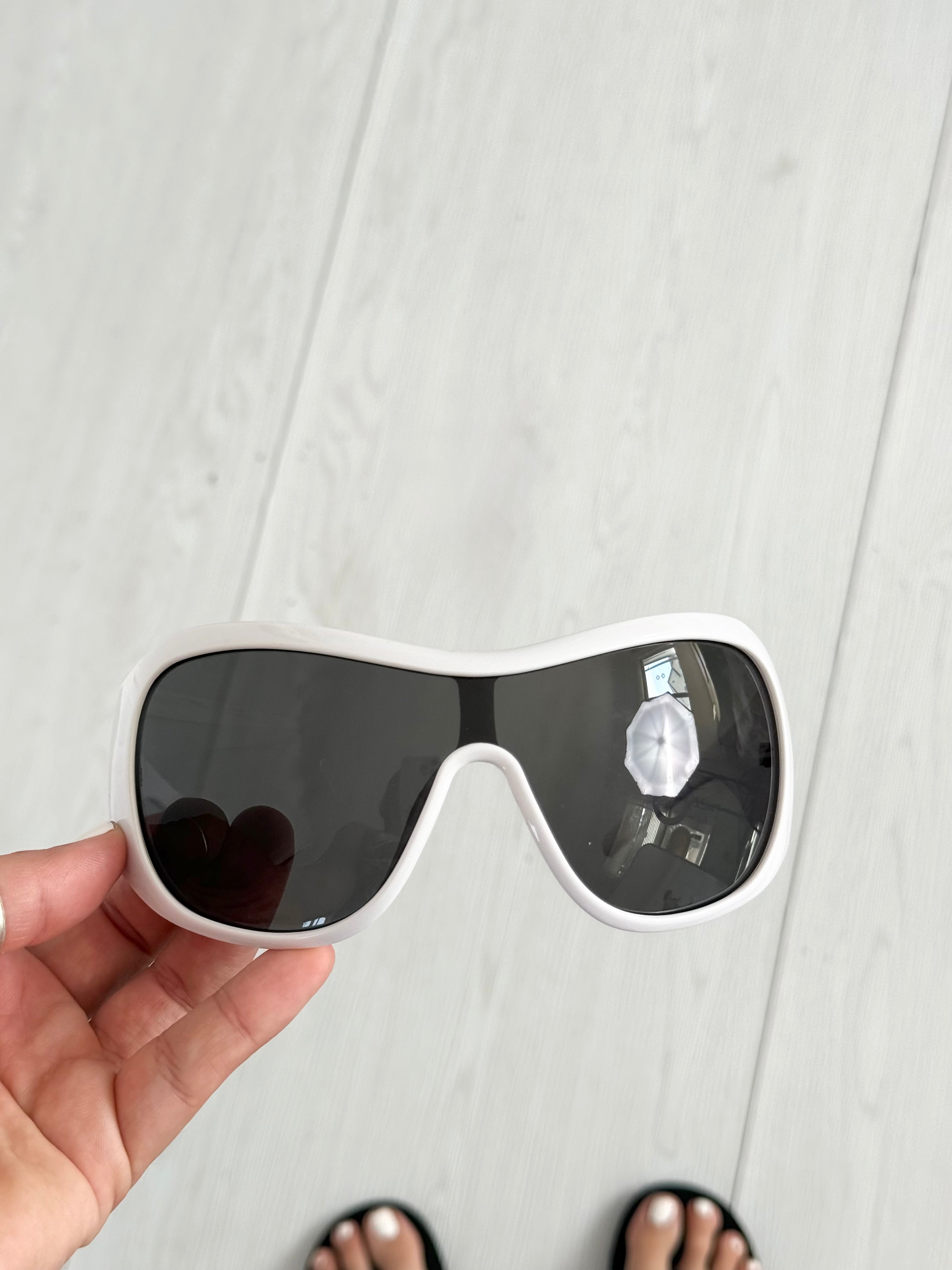 futuristic white shield wraparound sunglasses