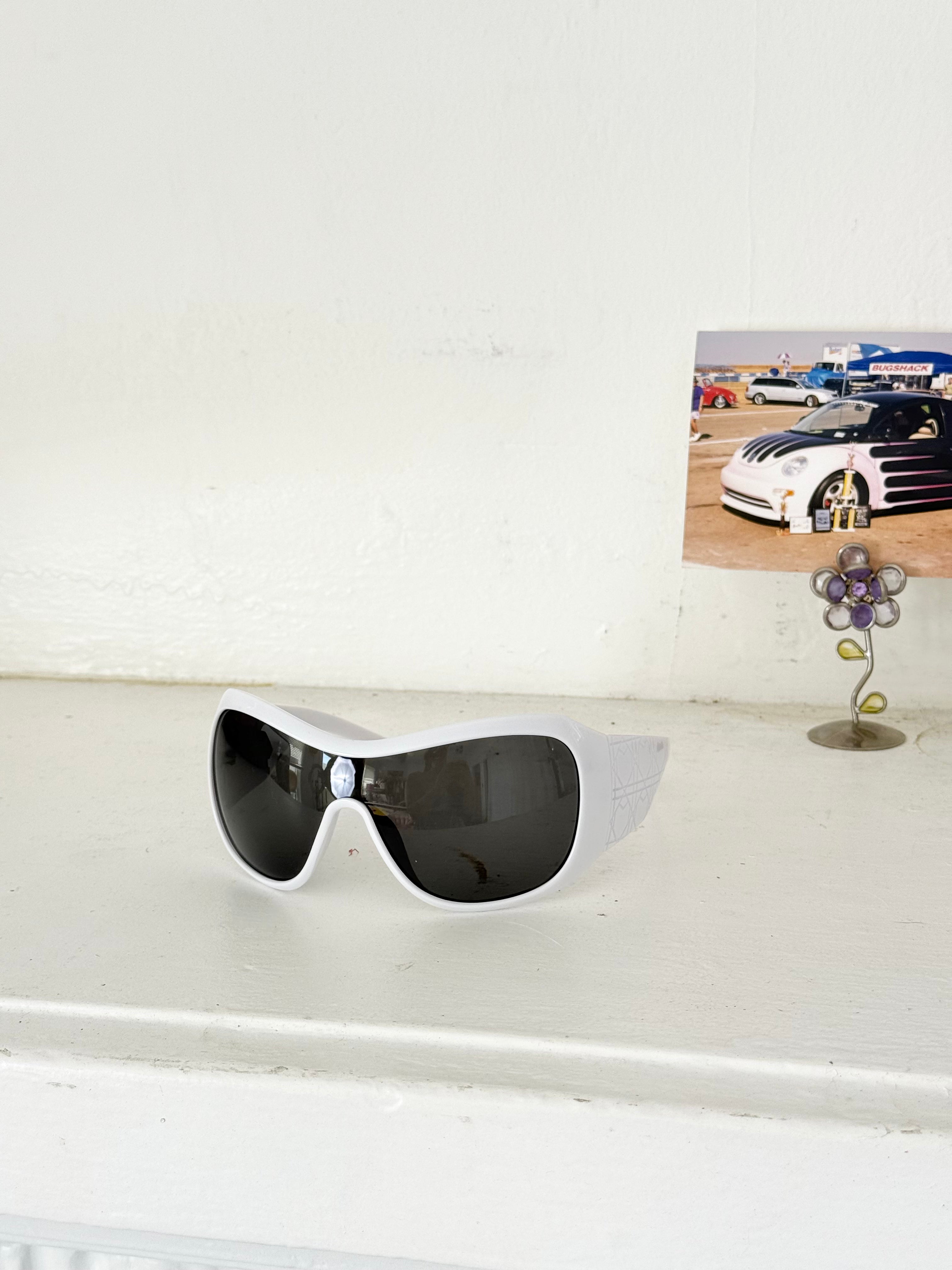 futuristic white shield wraparound sunglasses