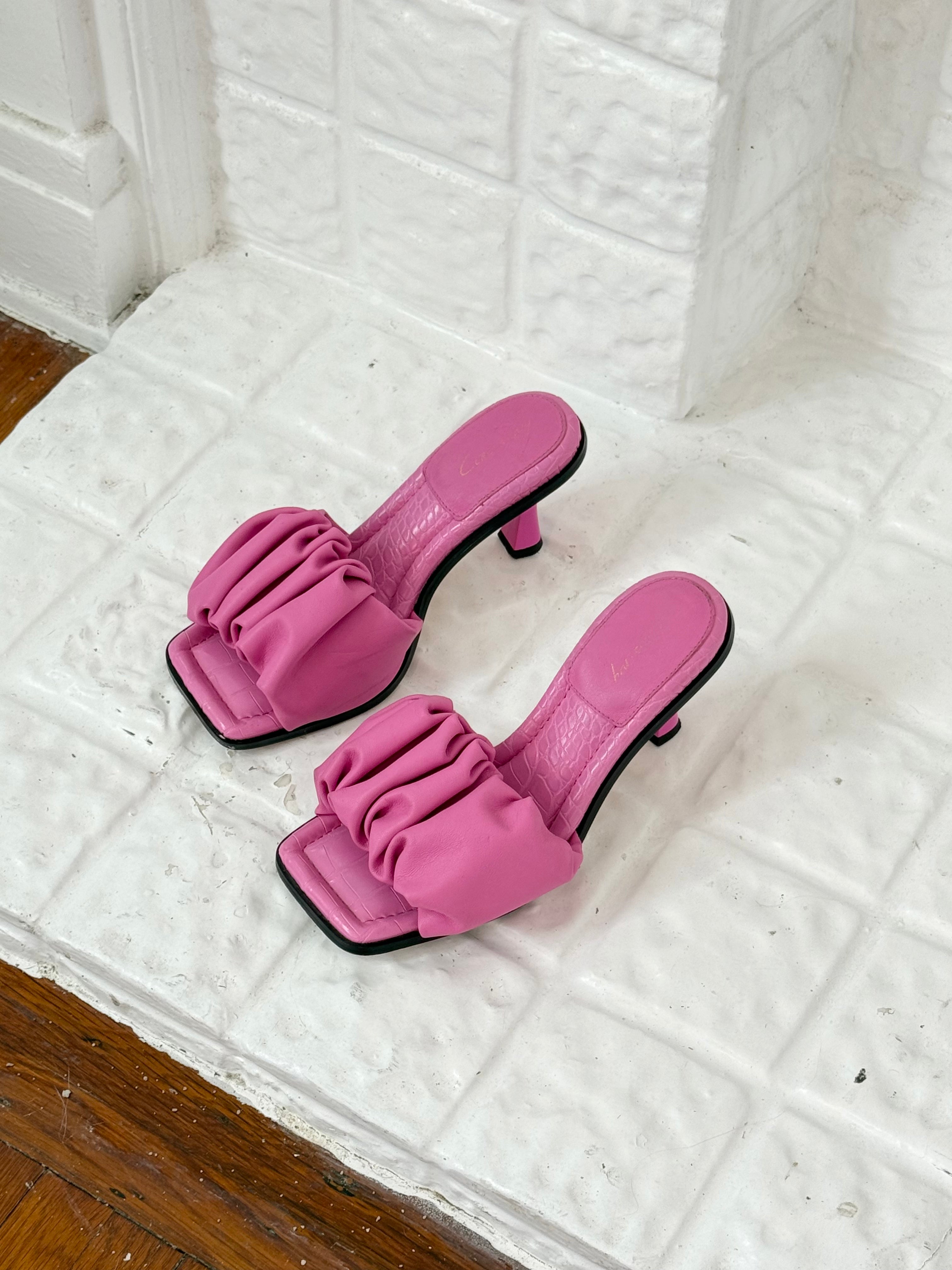 ✿ hot pink ruched kitten heel mules