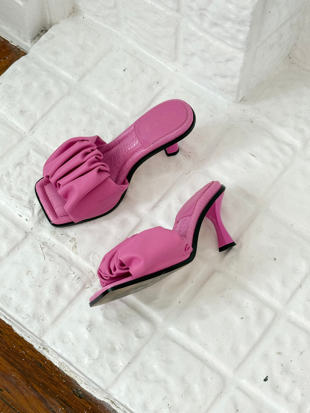 ✿ hot pink ruched kitten heel mules