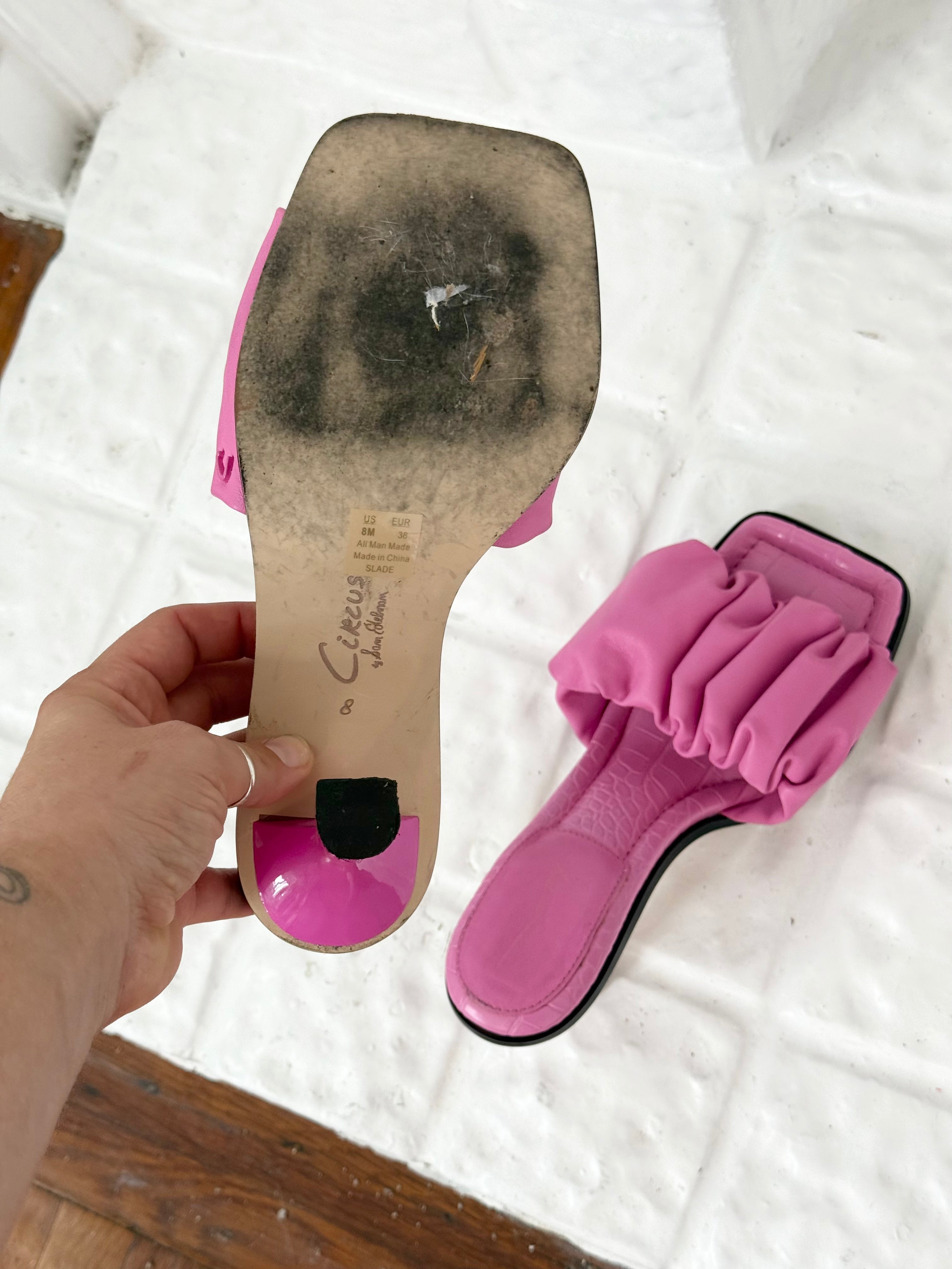 ✿ hot pink ruched kitten heel mules