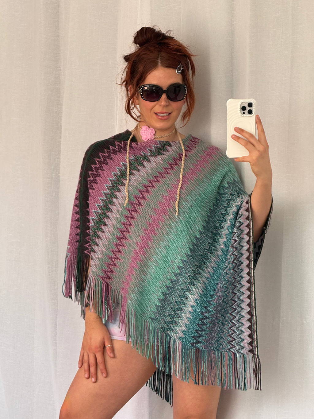 ✿ y2k boho knit poncho fringe shawl