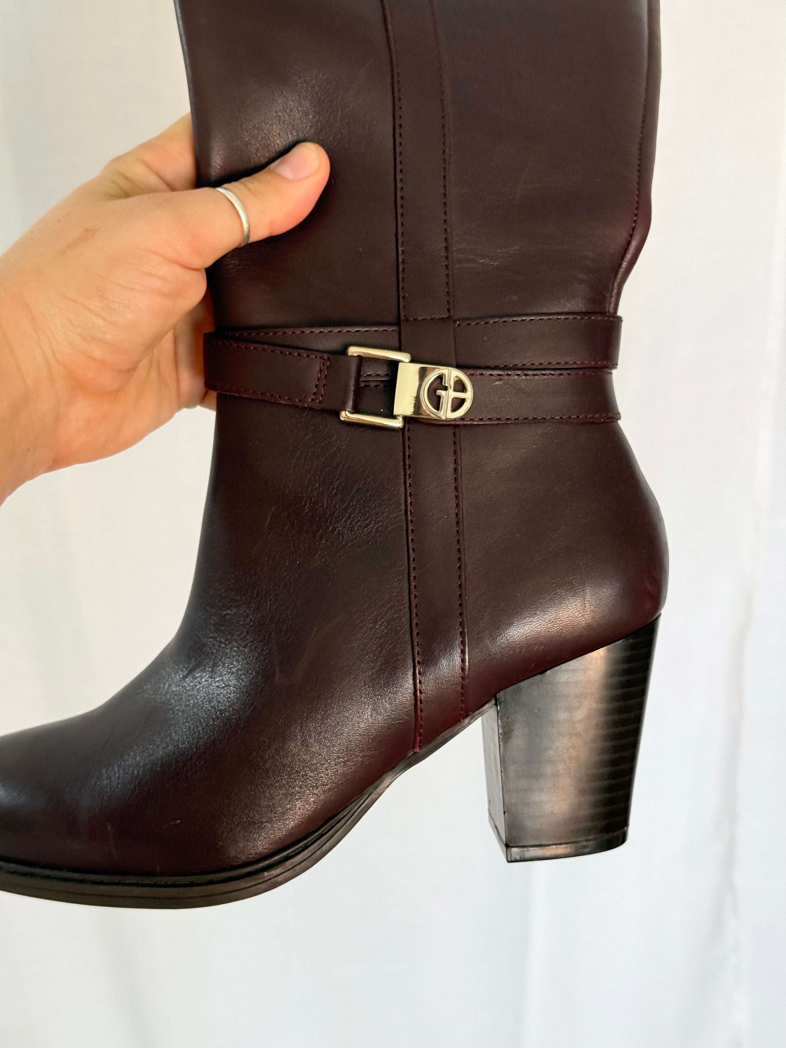 ✿ burgundy leather knee high heeled boots