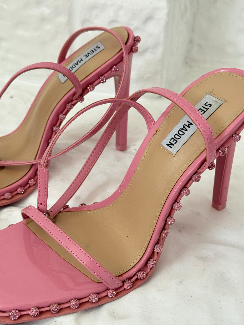 ✿ y2k pink rhinestone strappy heels