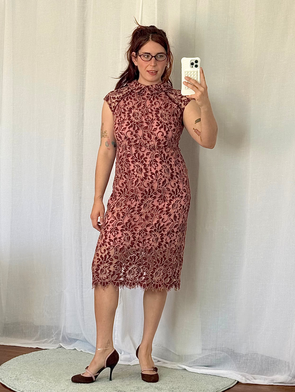 ✿ burgundy + blush lace midi dress ✿