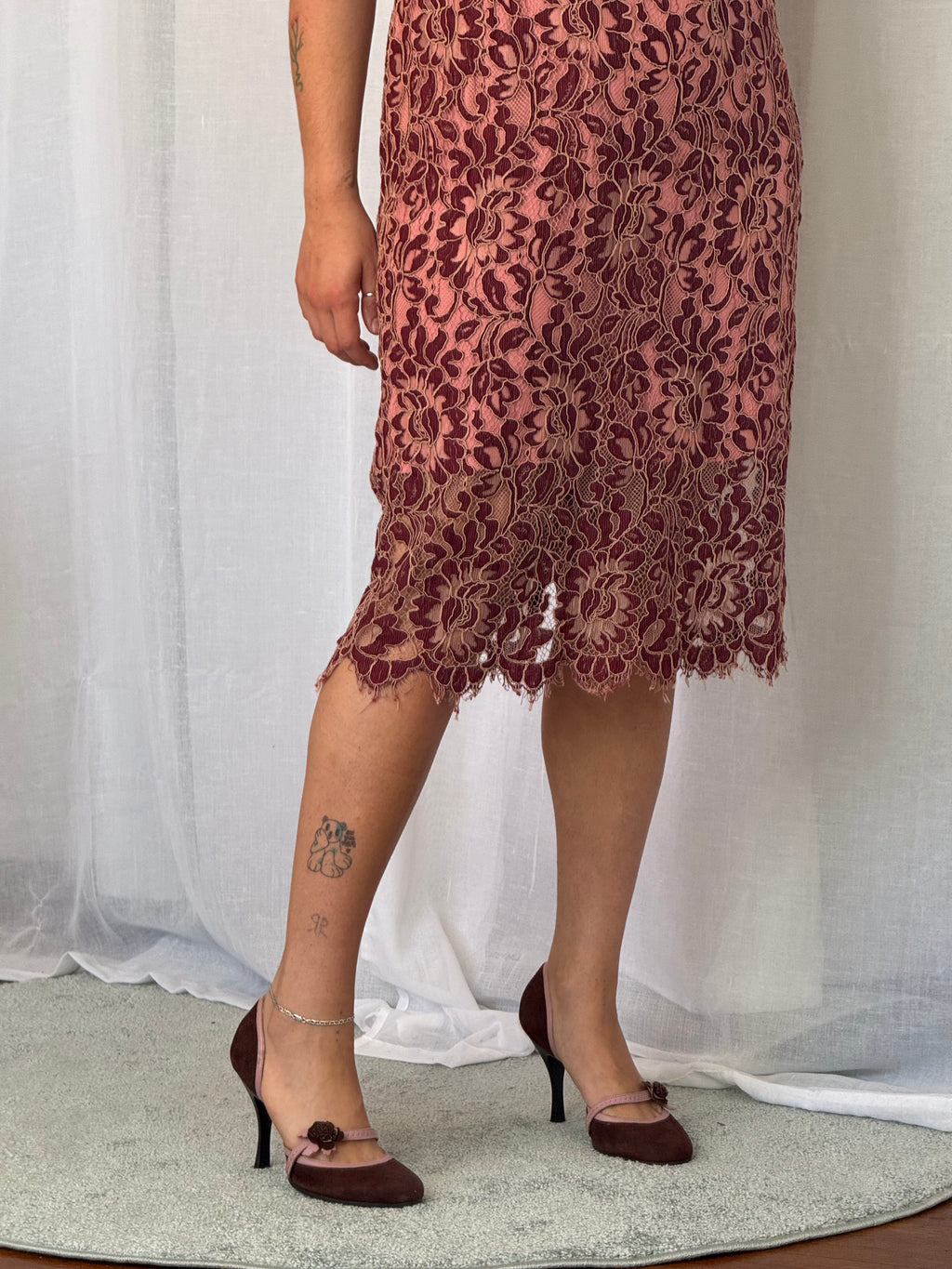 ✿ burgundy + blush lace midi dress ✿