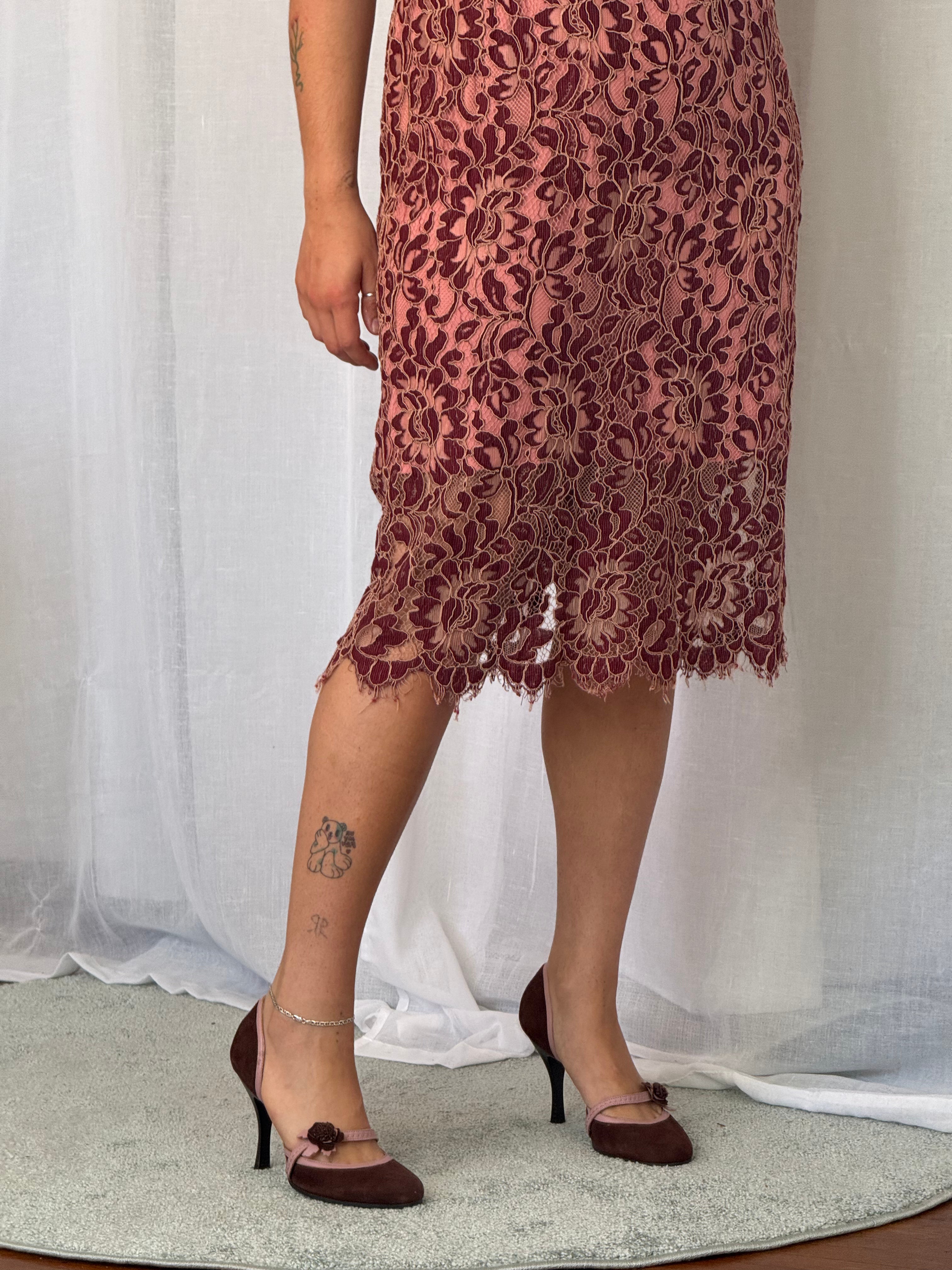 ✿ burgundy + blush lace midi dress ✿