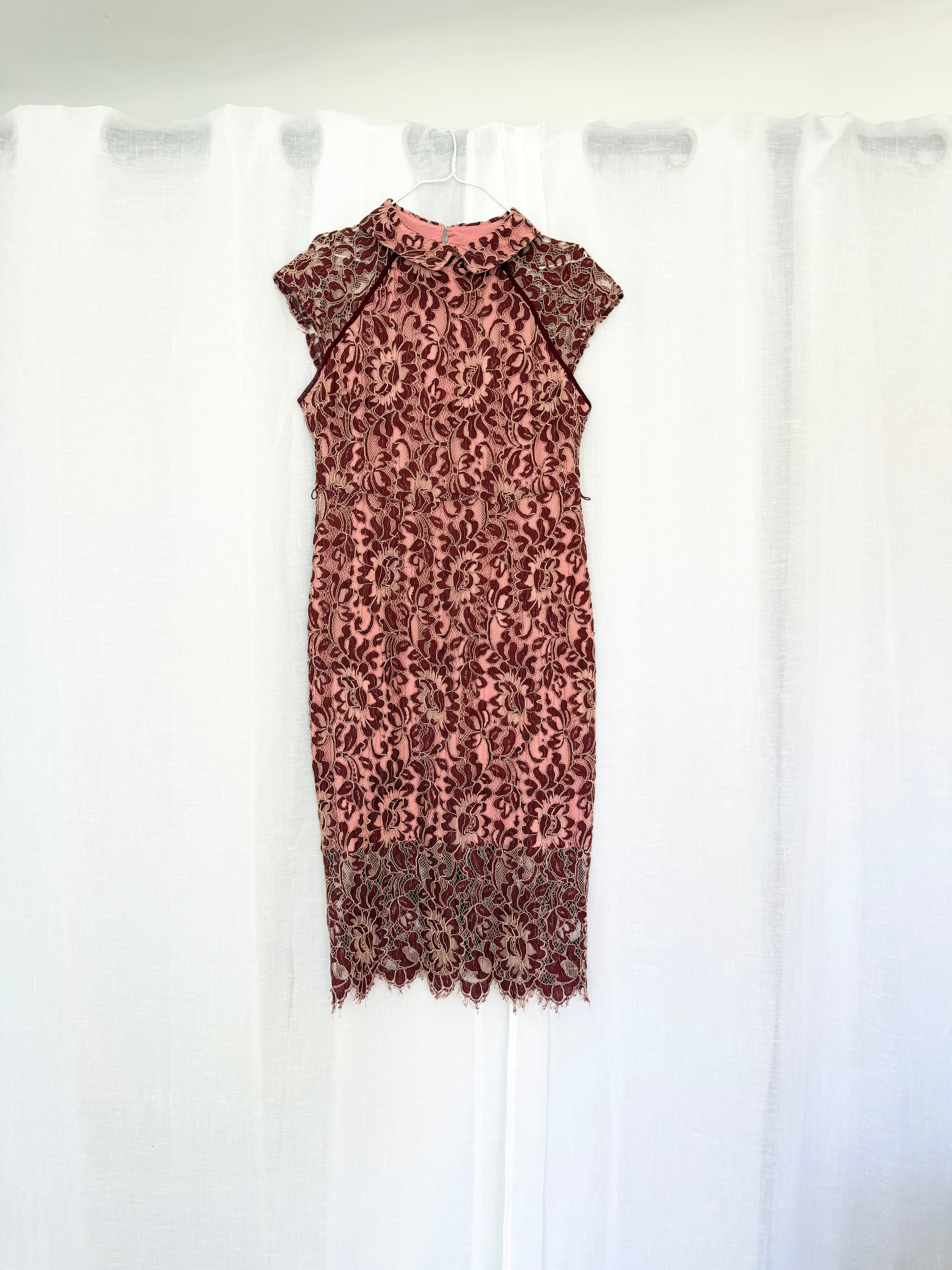 ✿ burgundy + blush lace midi dress ✿