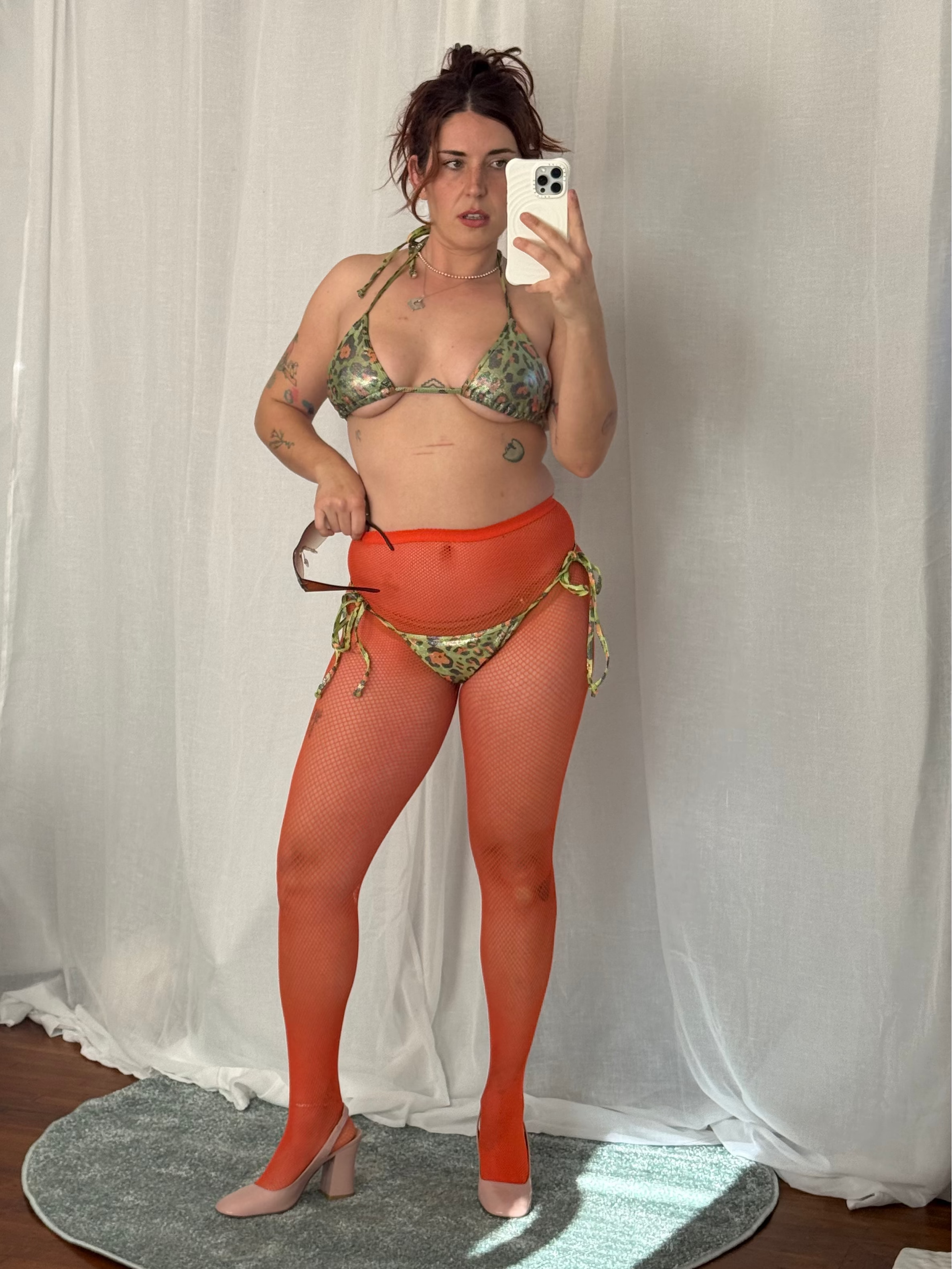 orange fishnet tights / leggings