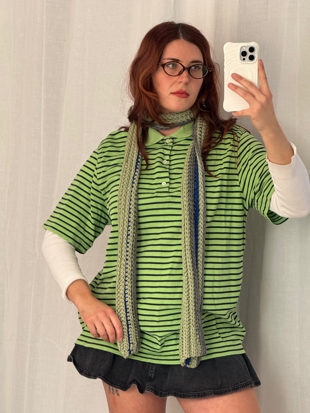 hand-crocheted striped knit scarf