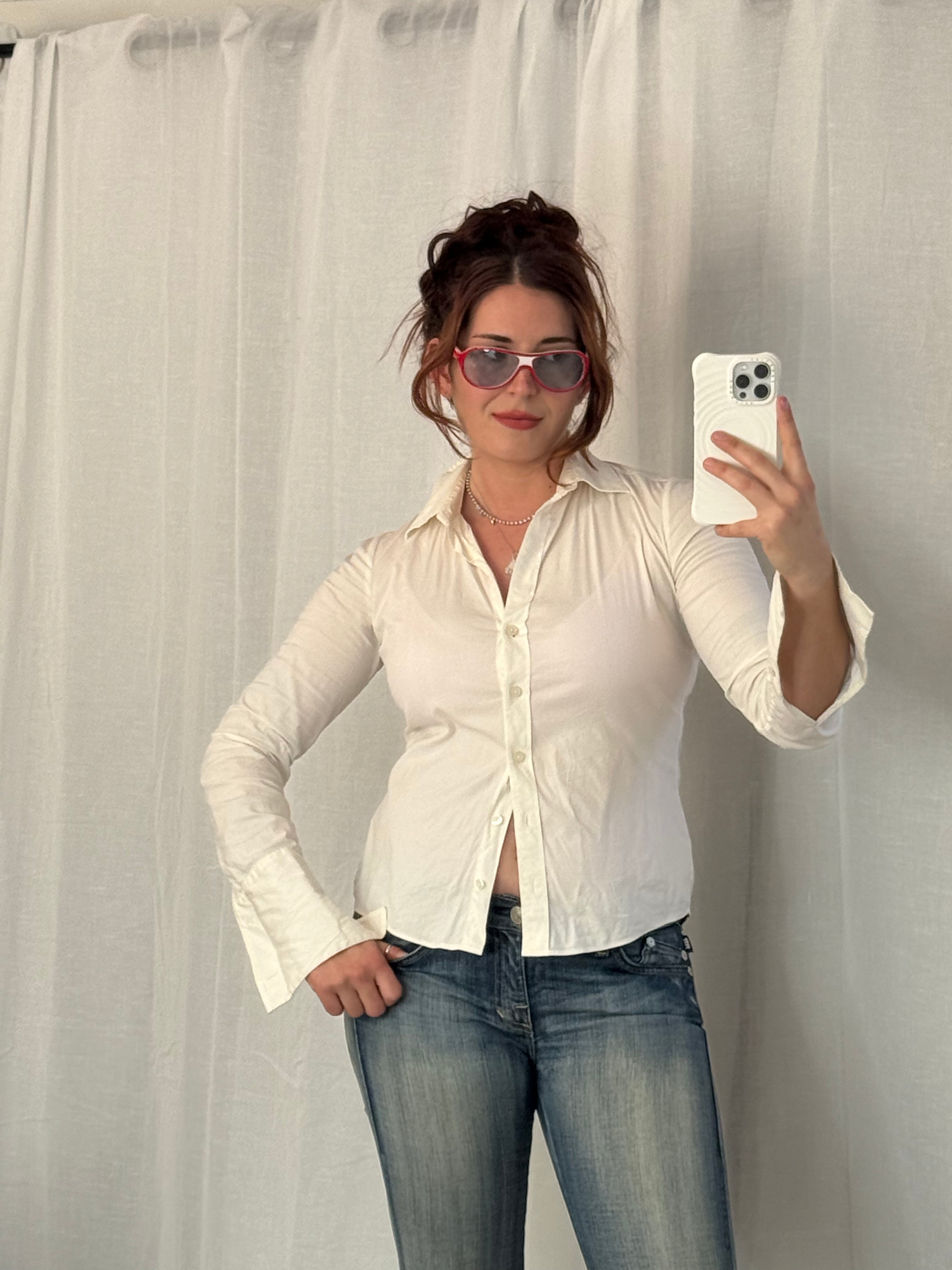 white y2k fitted button-up blouse