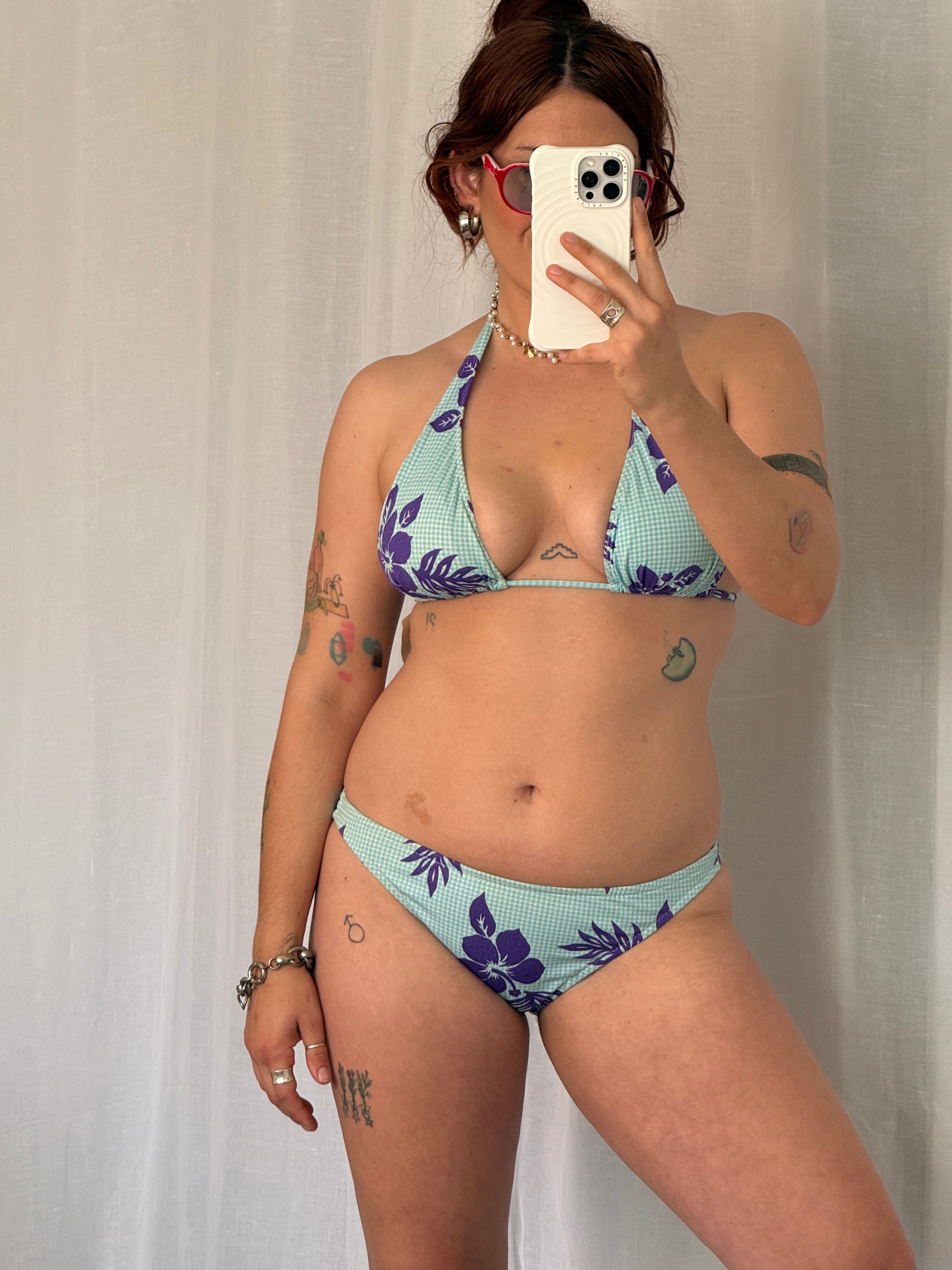 vintage y2k floral gingham bikini set