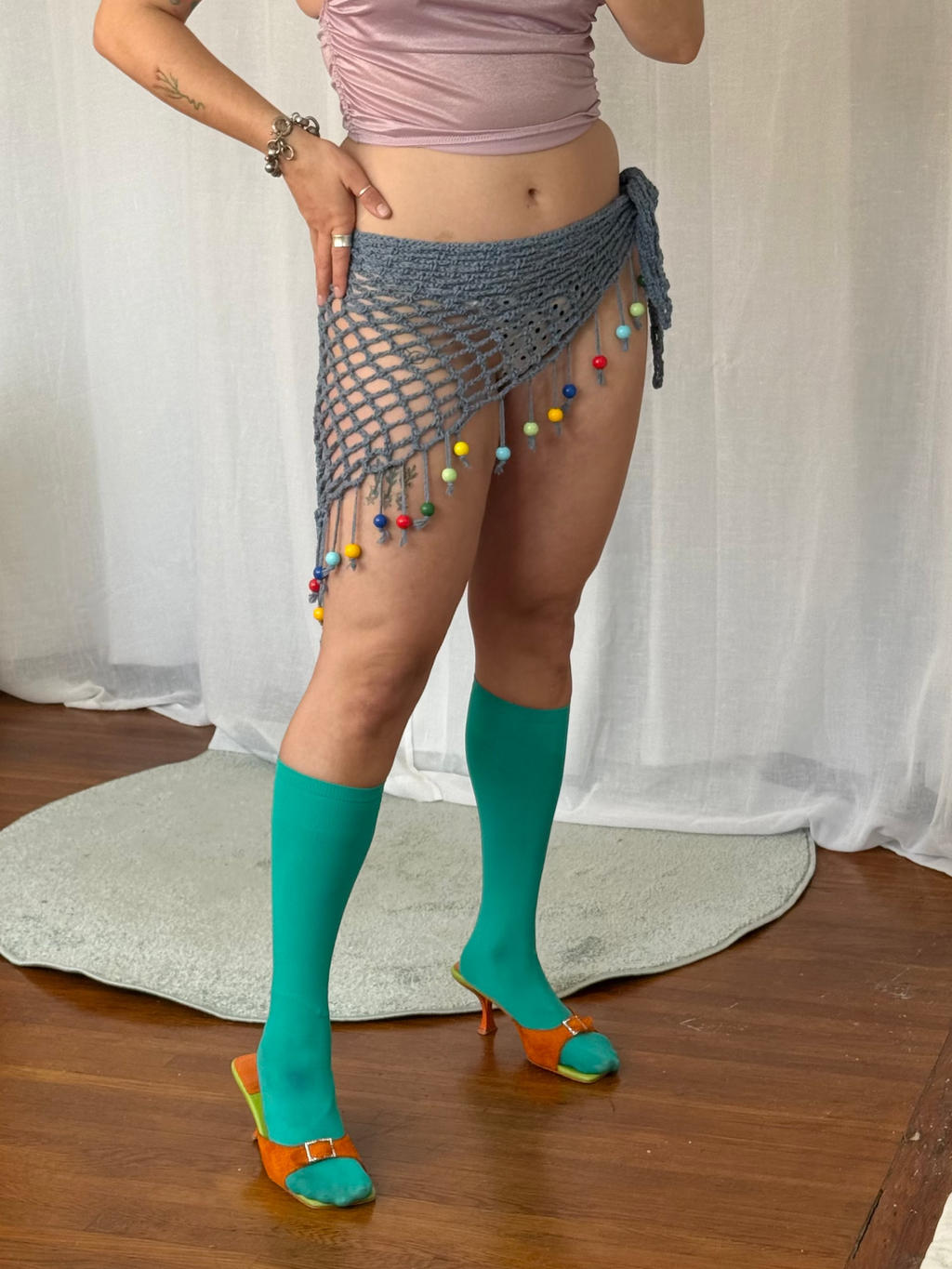 handmade crochet beaded mesh hip scarf wrap
