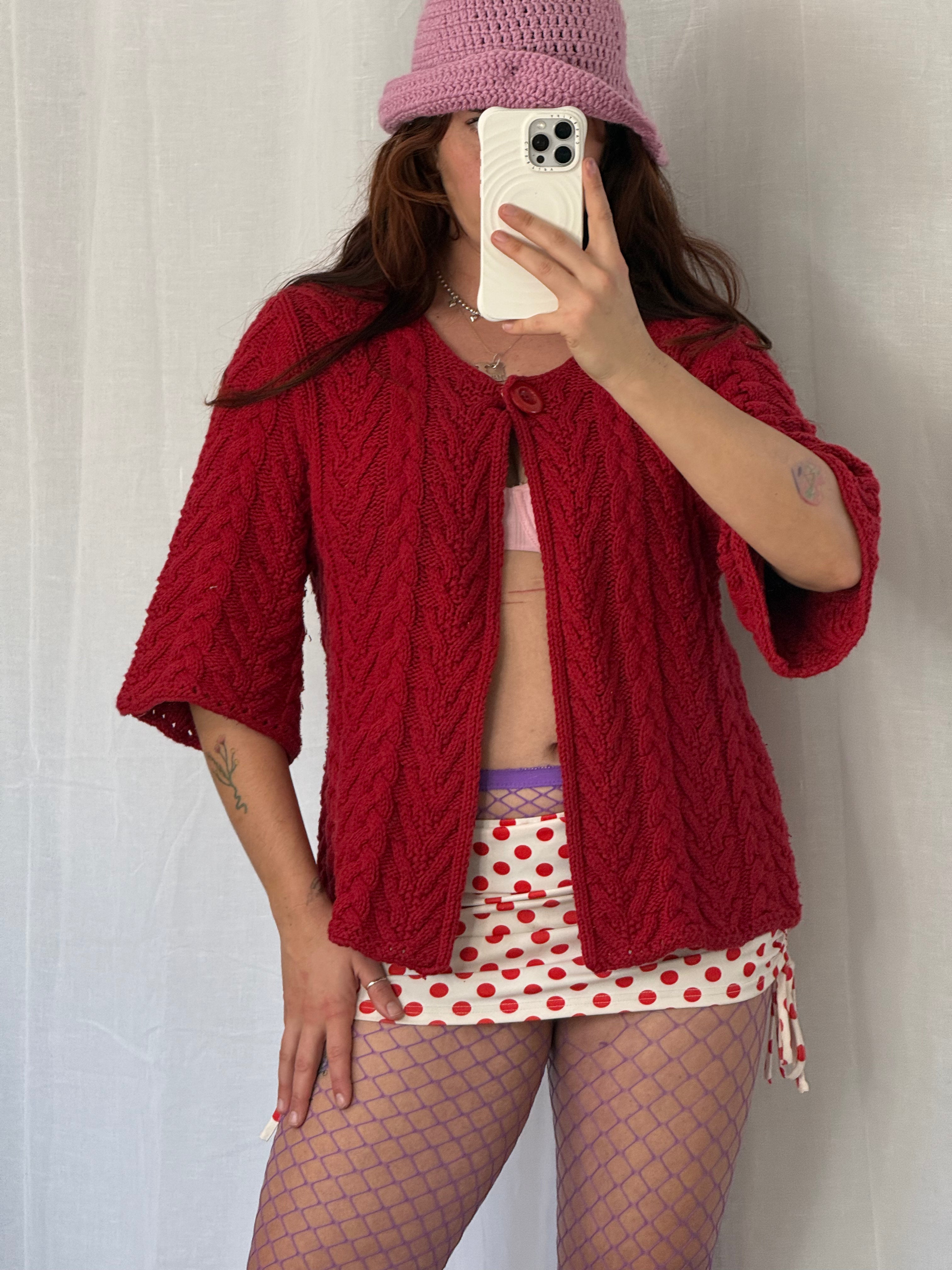 chunky cable knit red cardigan