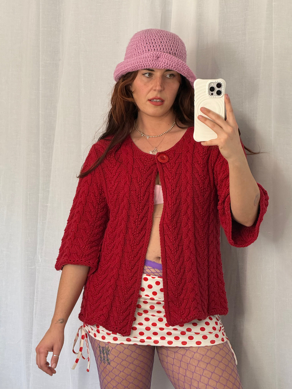 chunky cable knit red cardigan