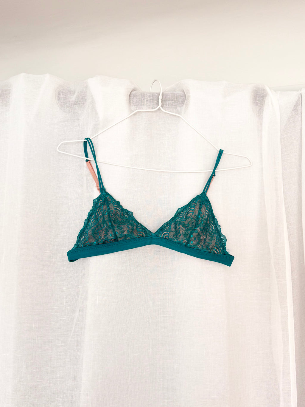 color block pink and teal sheer lace bralette