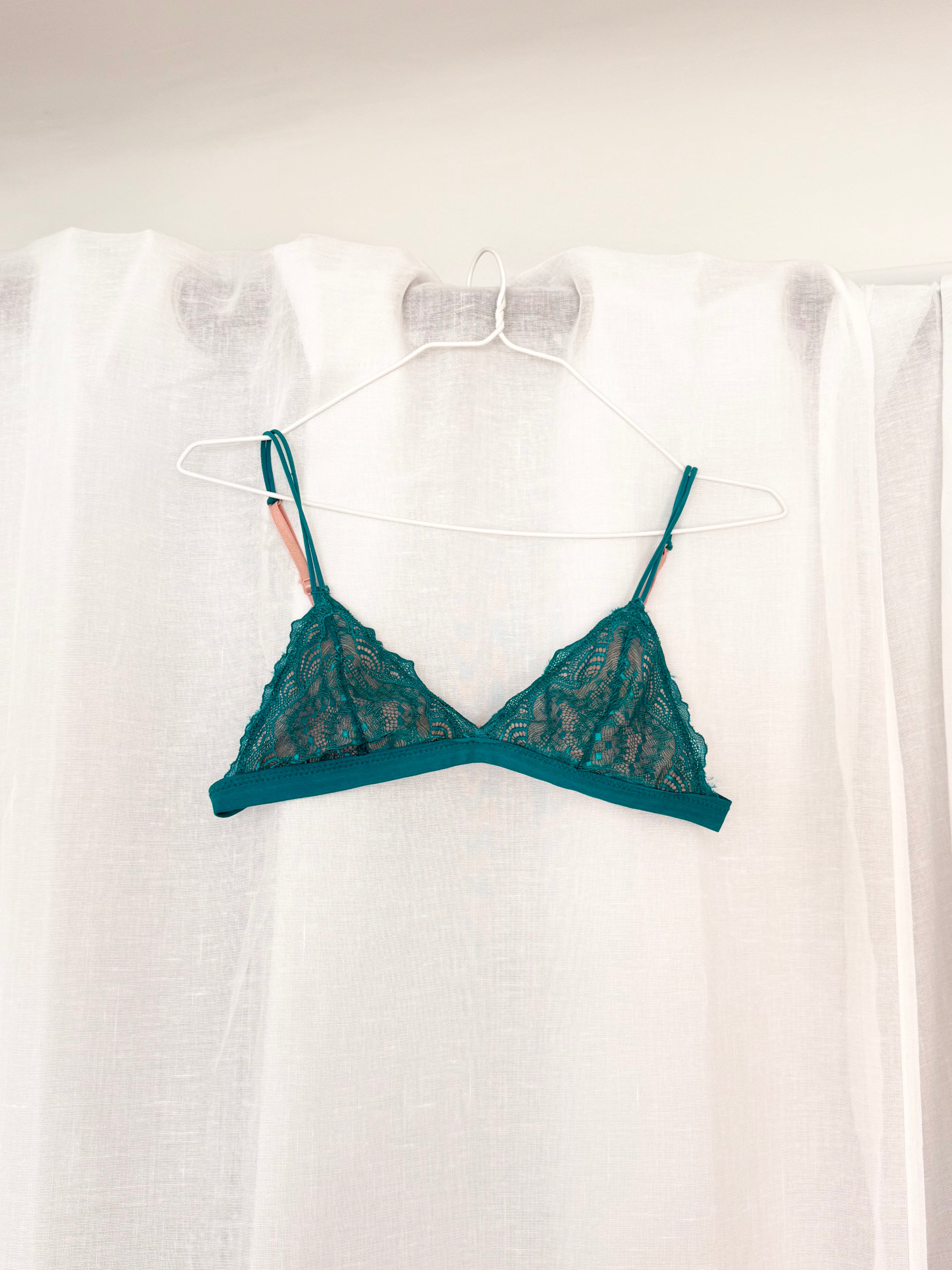 color block pink and teal sheer lace bralette