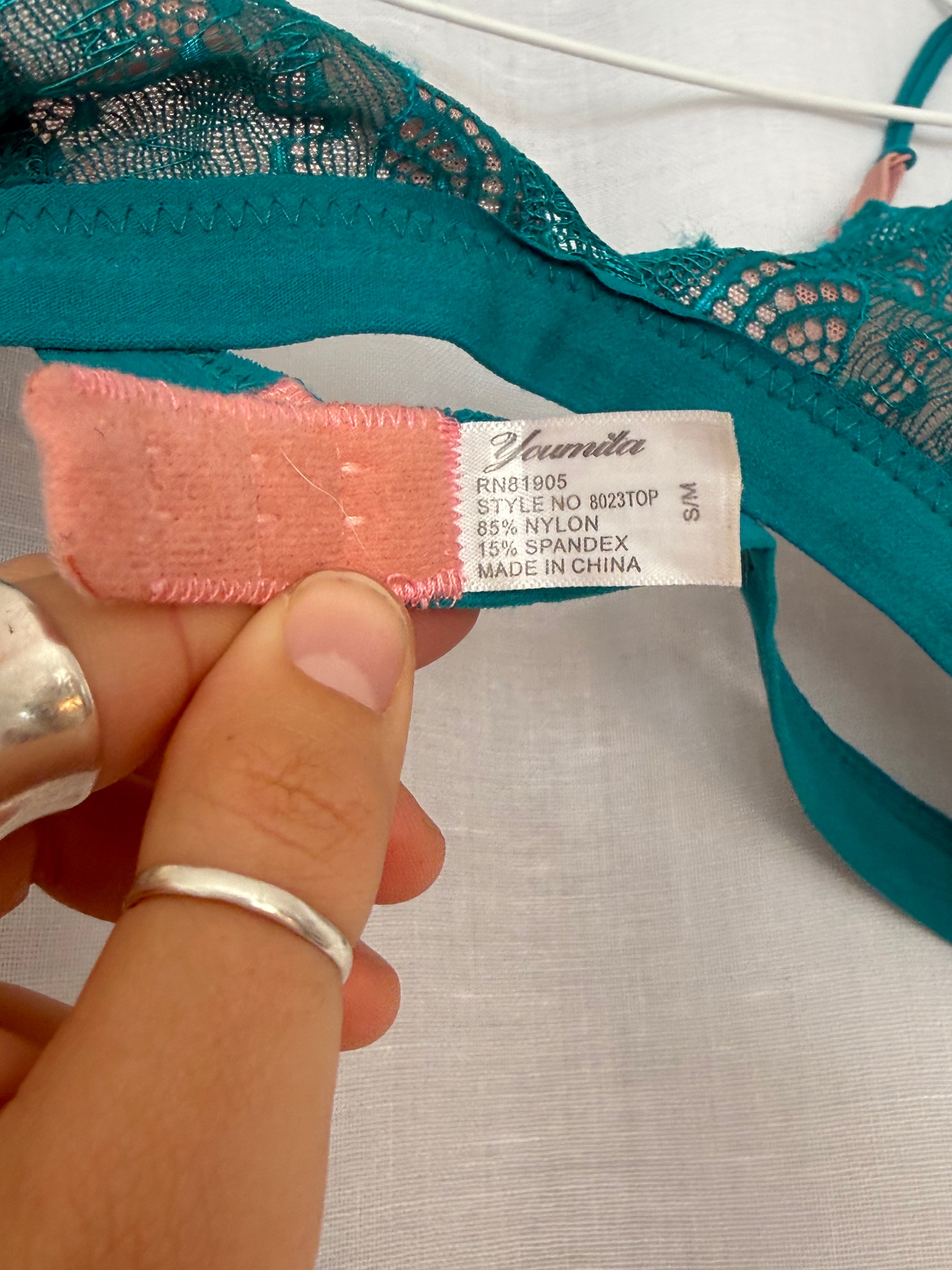color block pink and teal sheer lace bralette