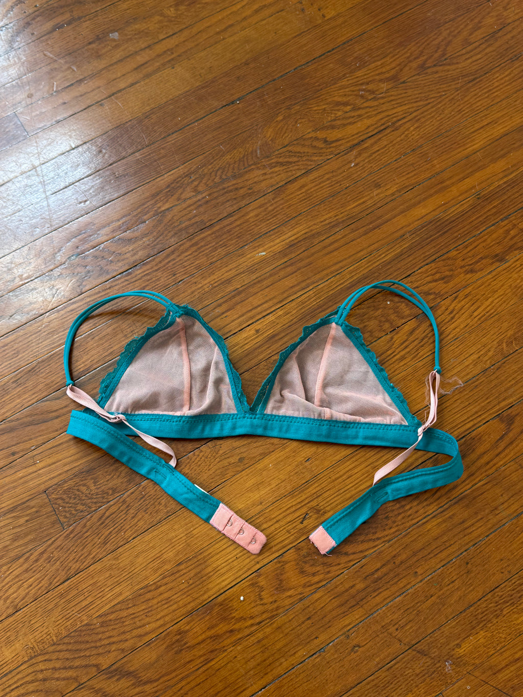 color block pink and teal sheer lace bralette