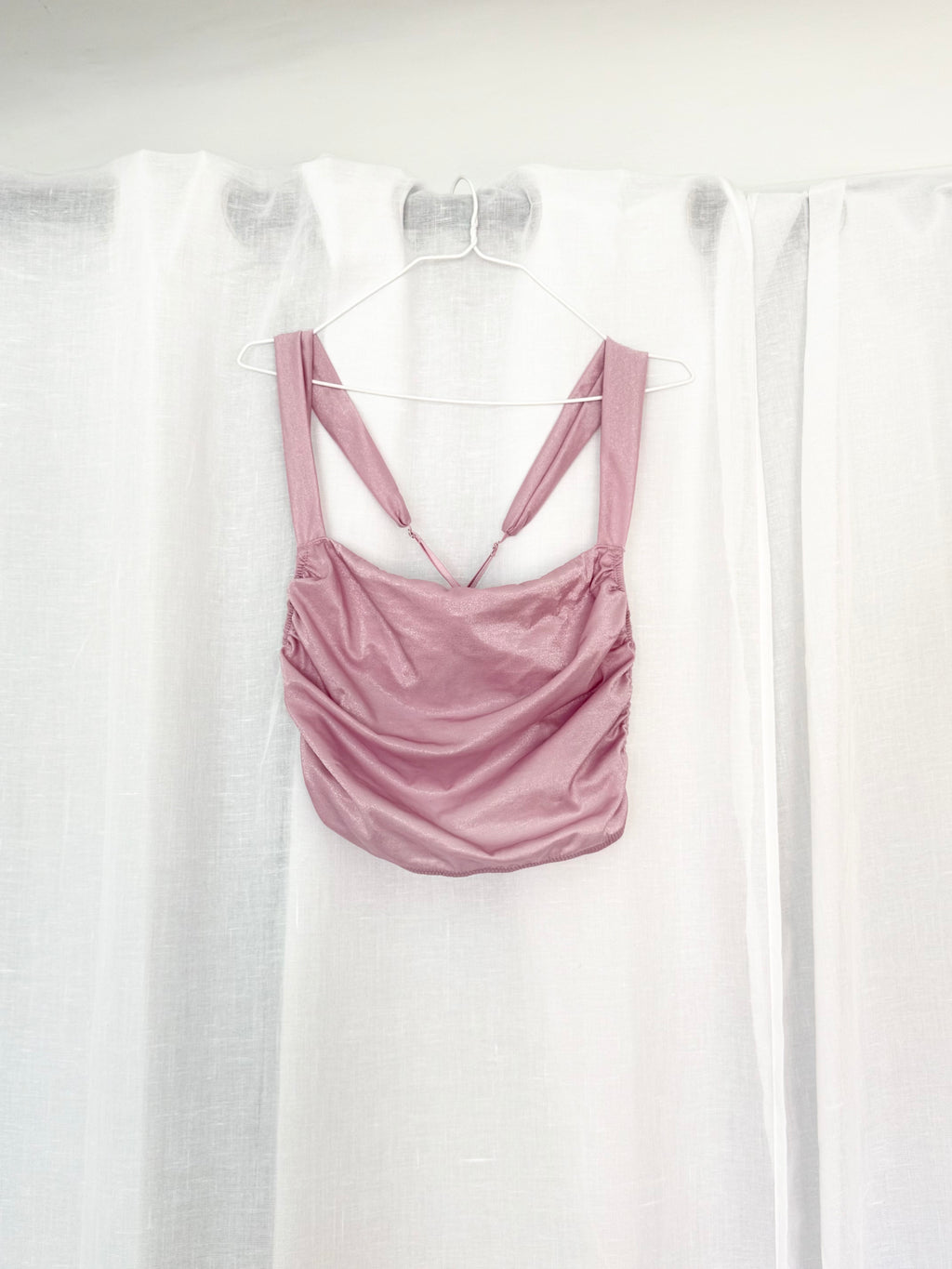 sparkly blush satin ruched cami crop top