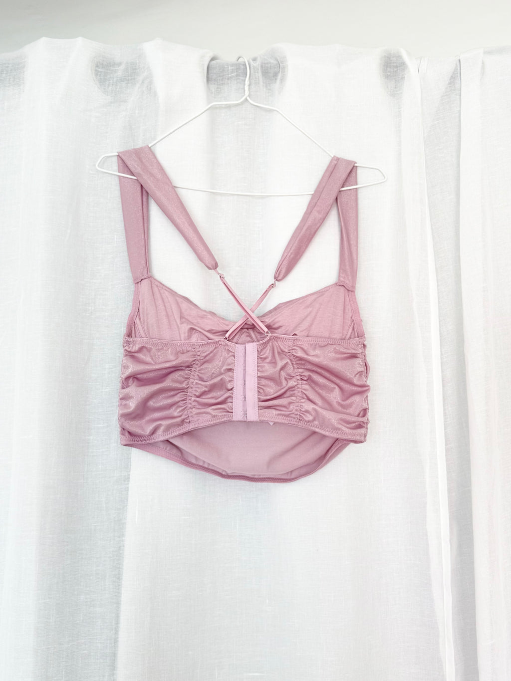 sparkly blush satin ruched cami crop top