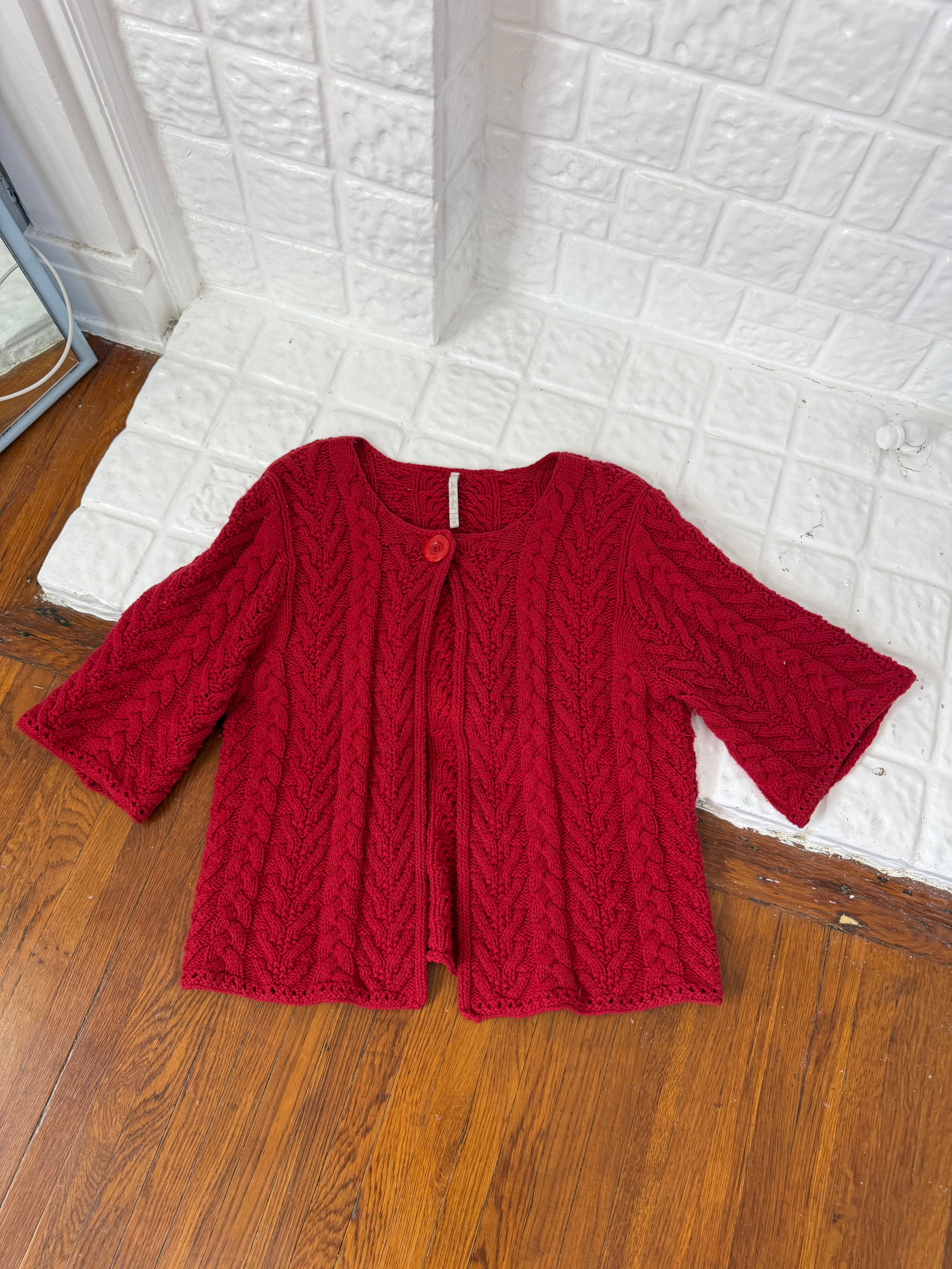 chunky cable knit red cardigan