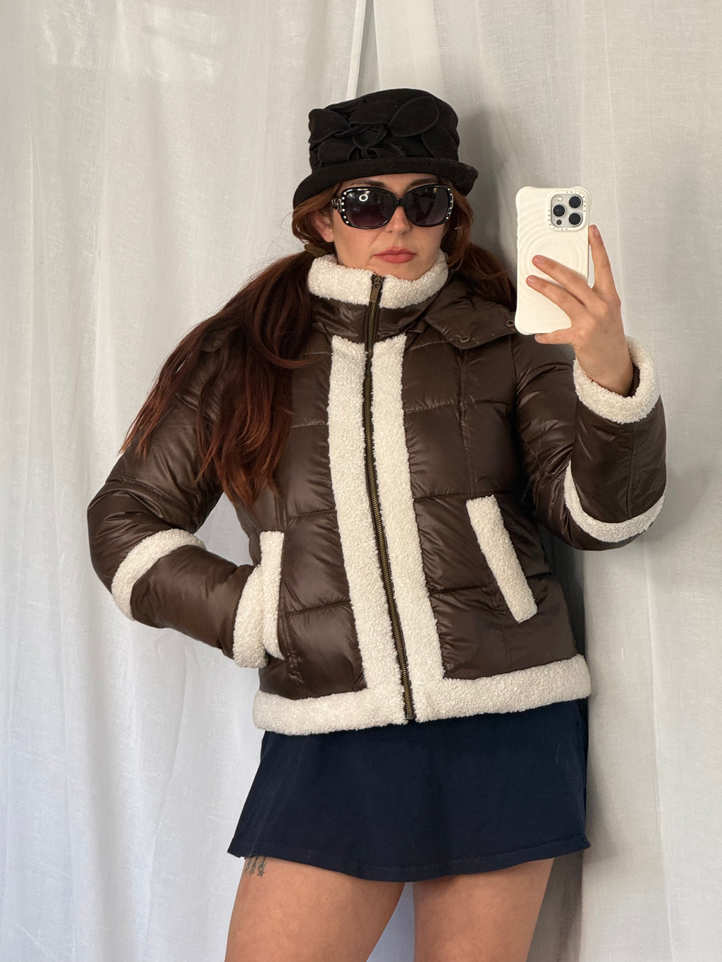 brown sherpa trim puffer jacket