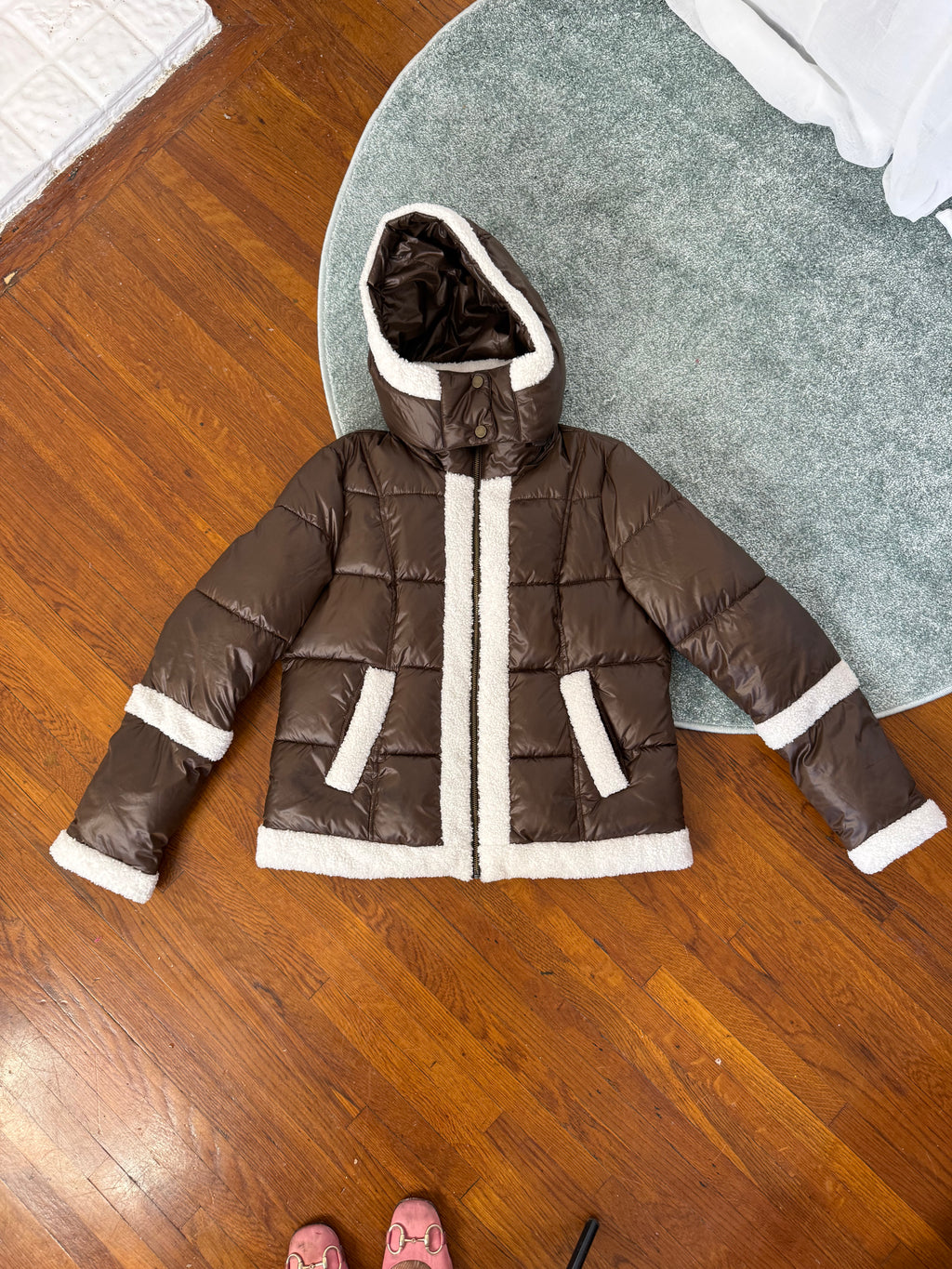 brown sherpa trim puffer jacket