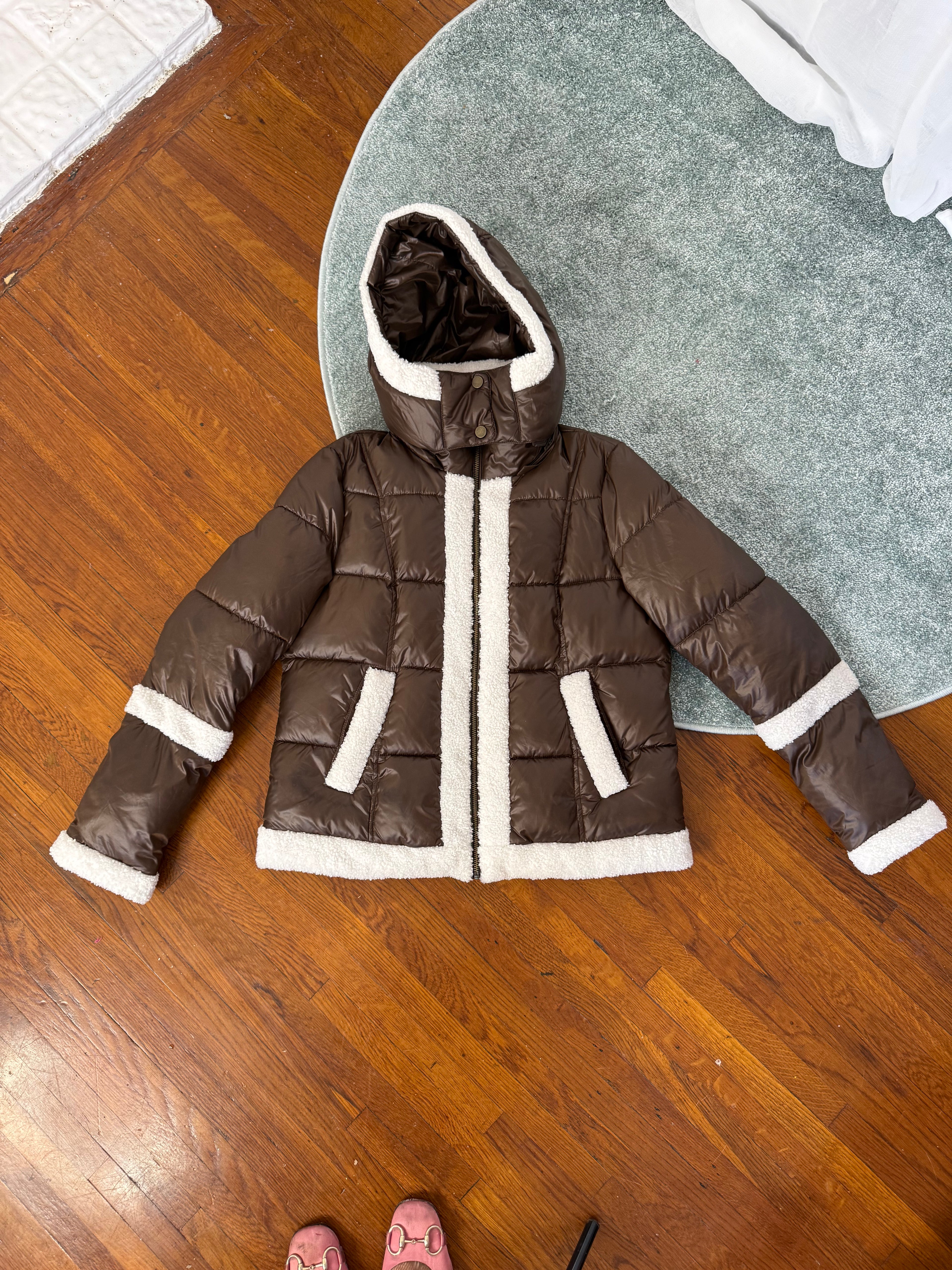 brown sherpa trim puffer jacket