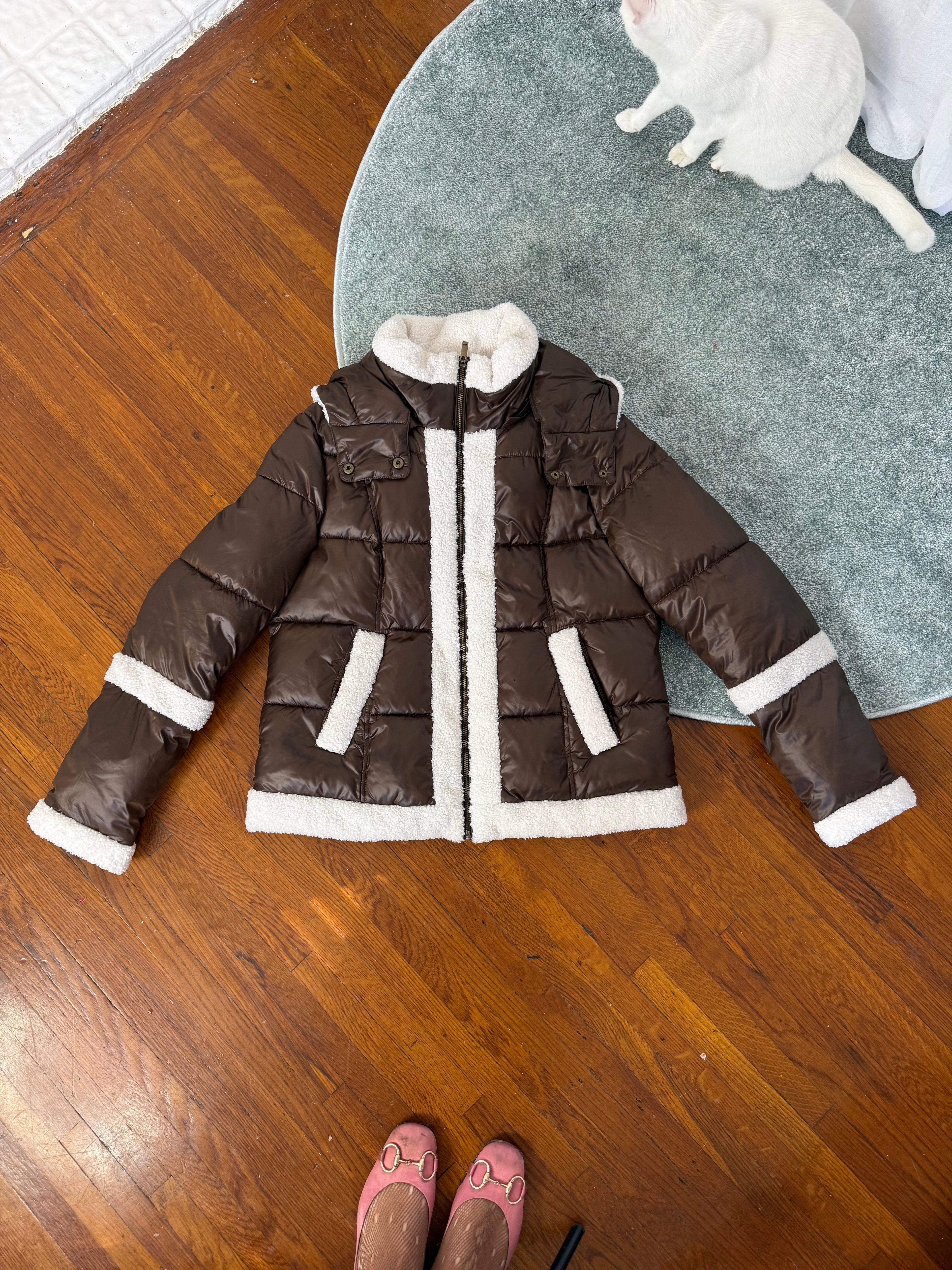 brown sherpa trim puffer jacket