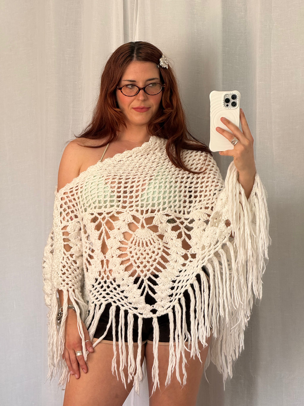 vintage white crochet fringe poncho shawl