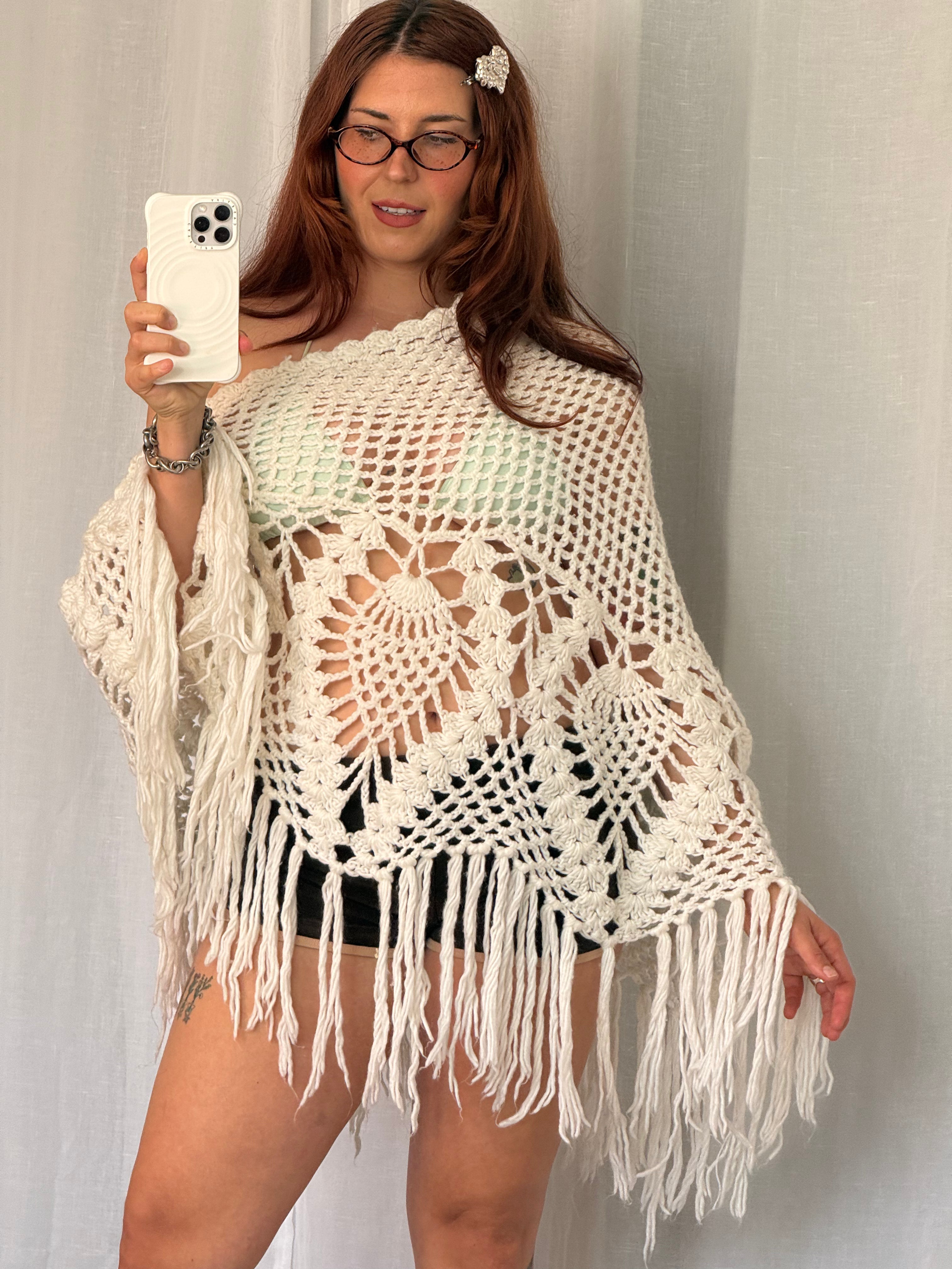 vintage white crochet fringe poncho shawl