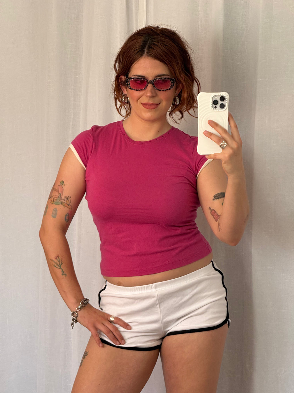 y2k layered rhinestone hot pink baby tee