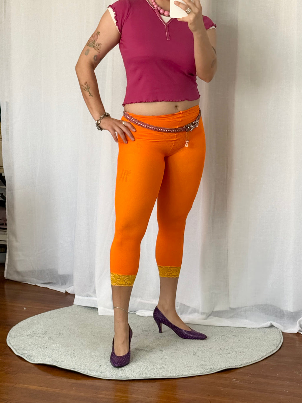 y2k orange lace capri leggings/ lace tights