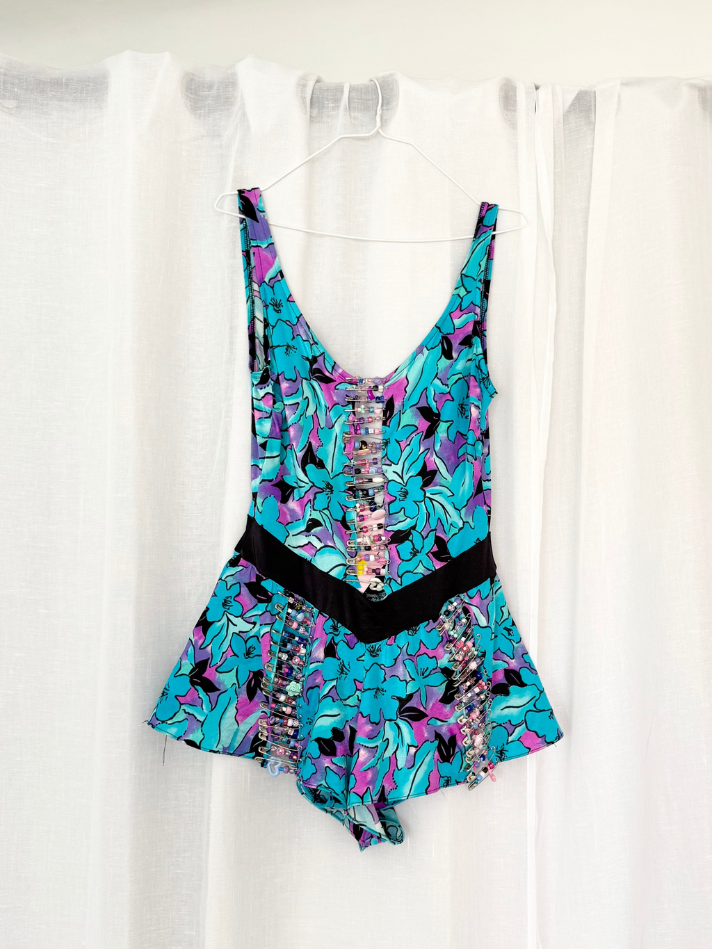 ✶ vintage 80’s swim suit romper with beaded safety pins ✶