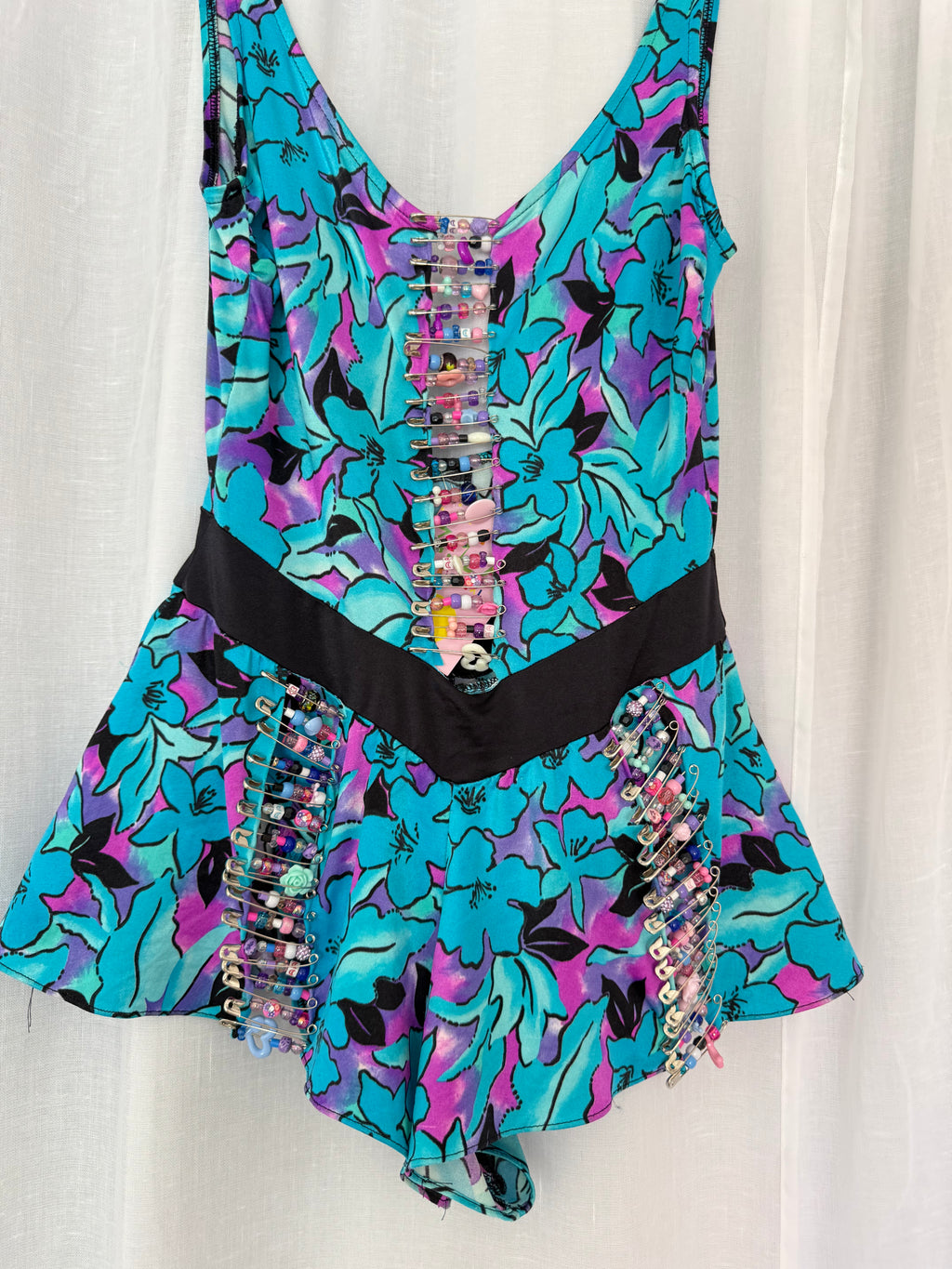 ✶ vintage 80’s swim suit romper with beaded safety pins ✶