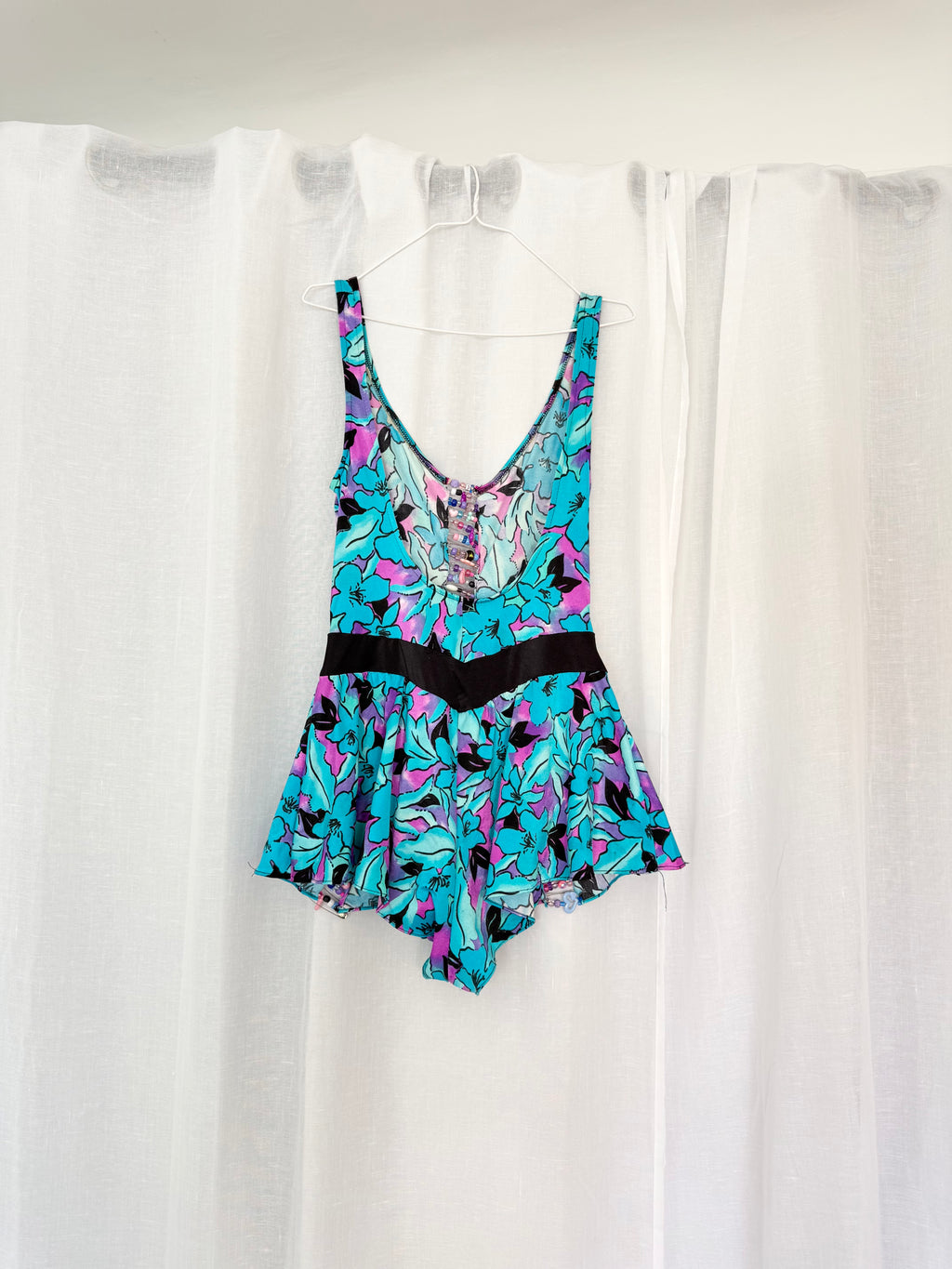 ✶ vintage 80’s swim suit romper with beaded safety pins ✶