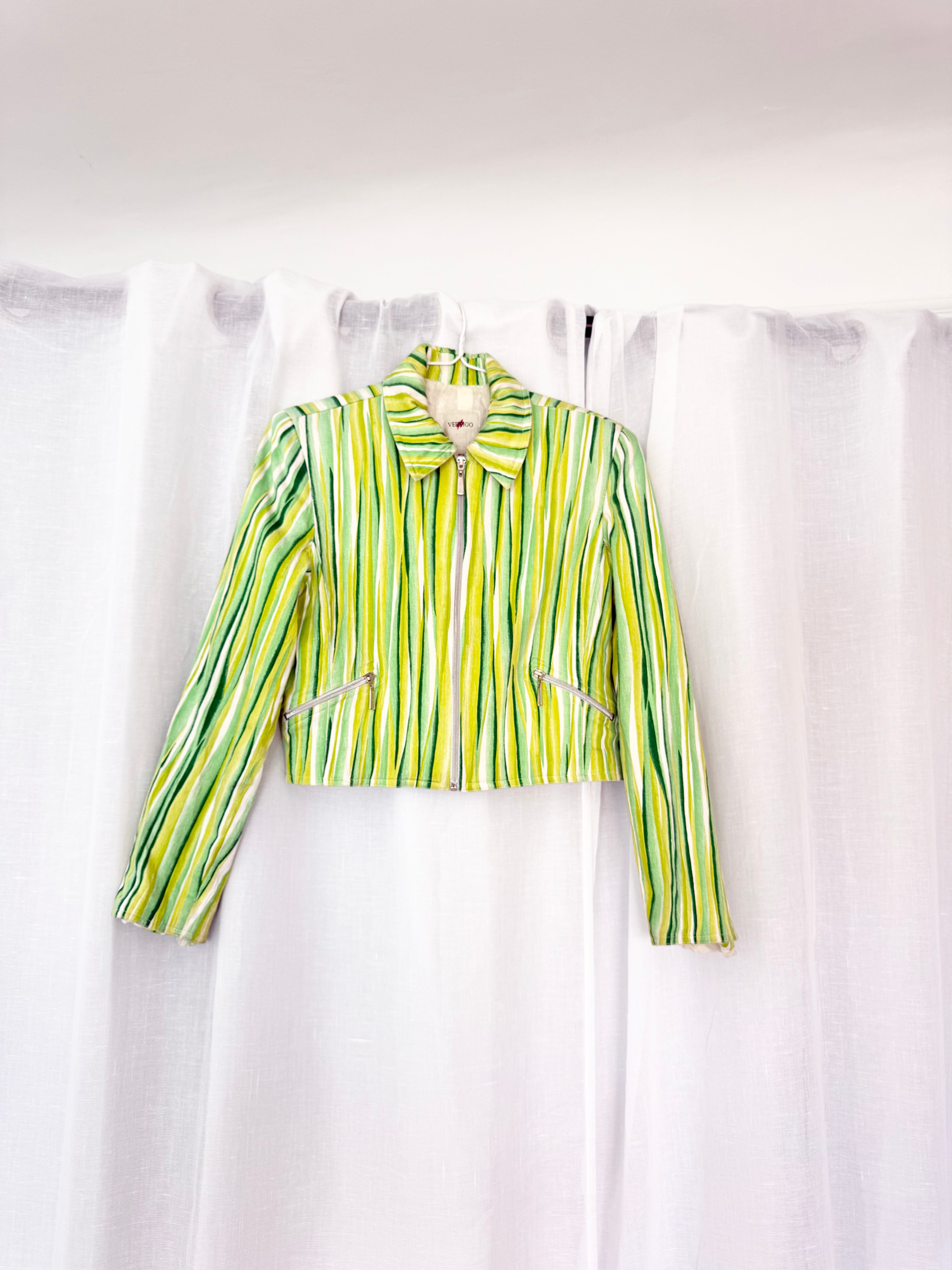 y2k vertigo green striped cropped zip jacket