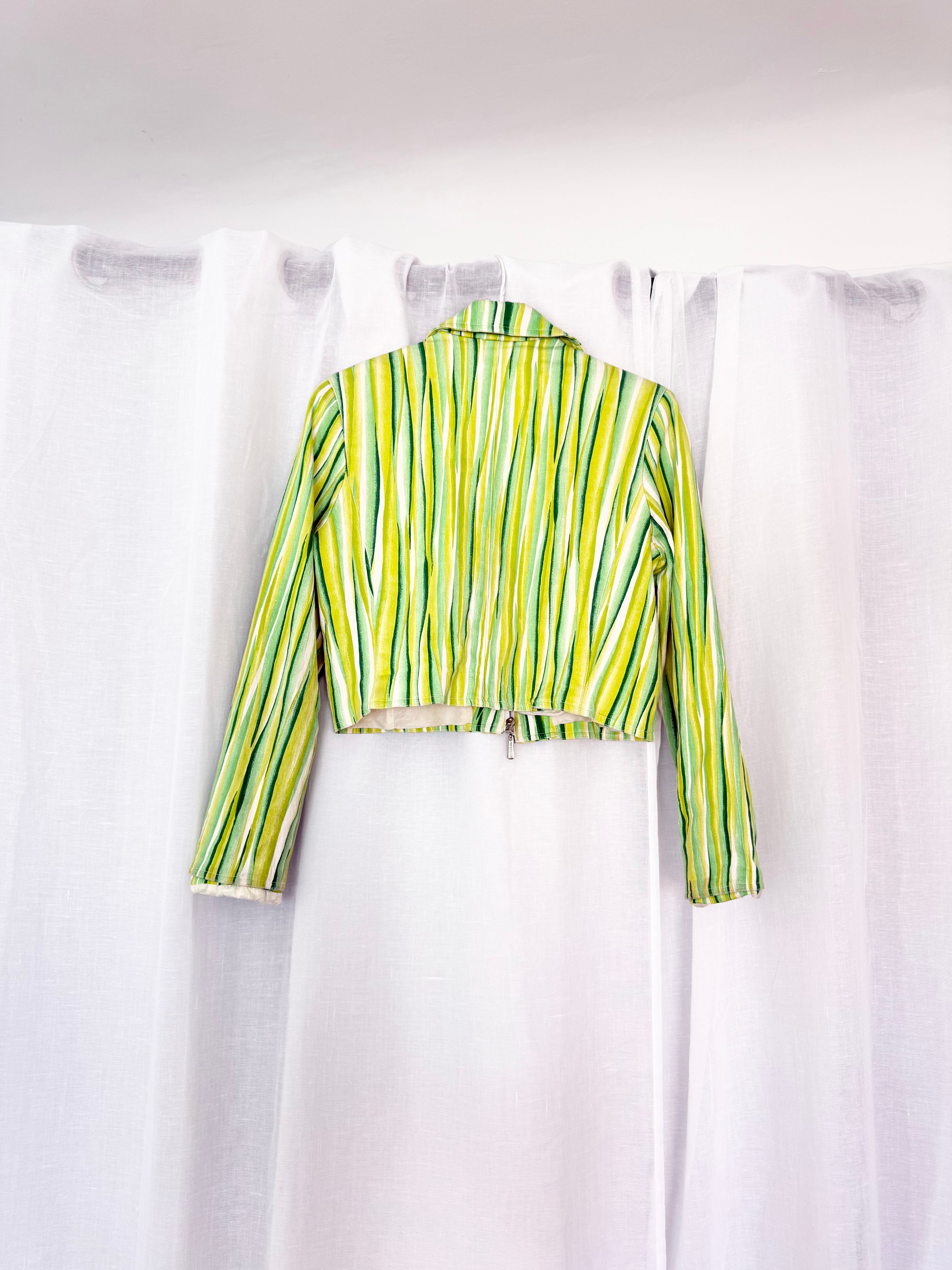 y2k vertigo green striped cropped zip jacket