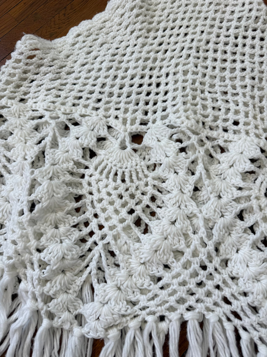 vintage white crochet fringe poncho shawl