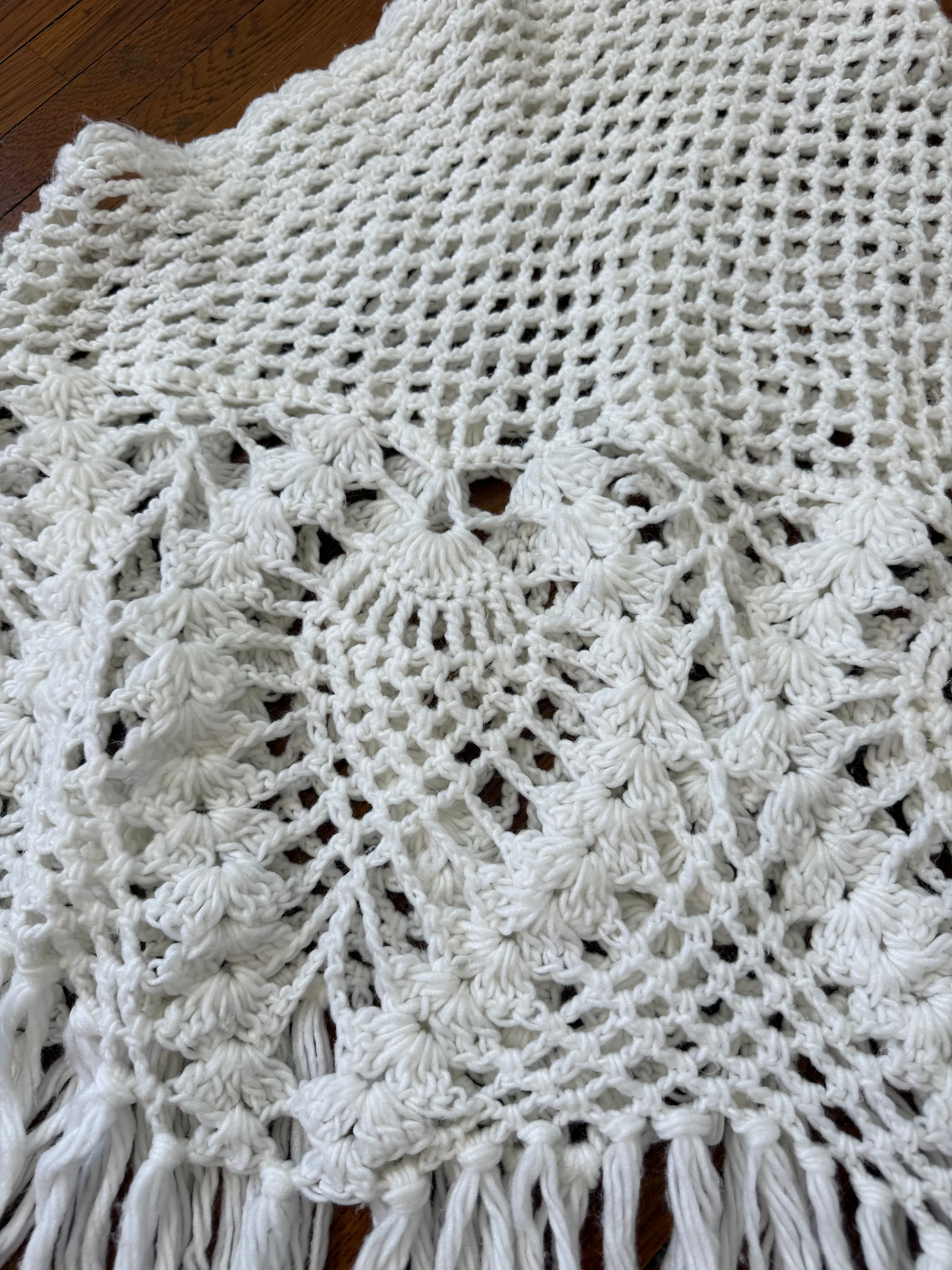 vintage white crochet fringe poncho shawl