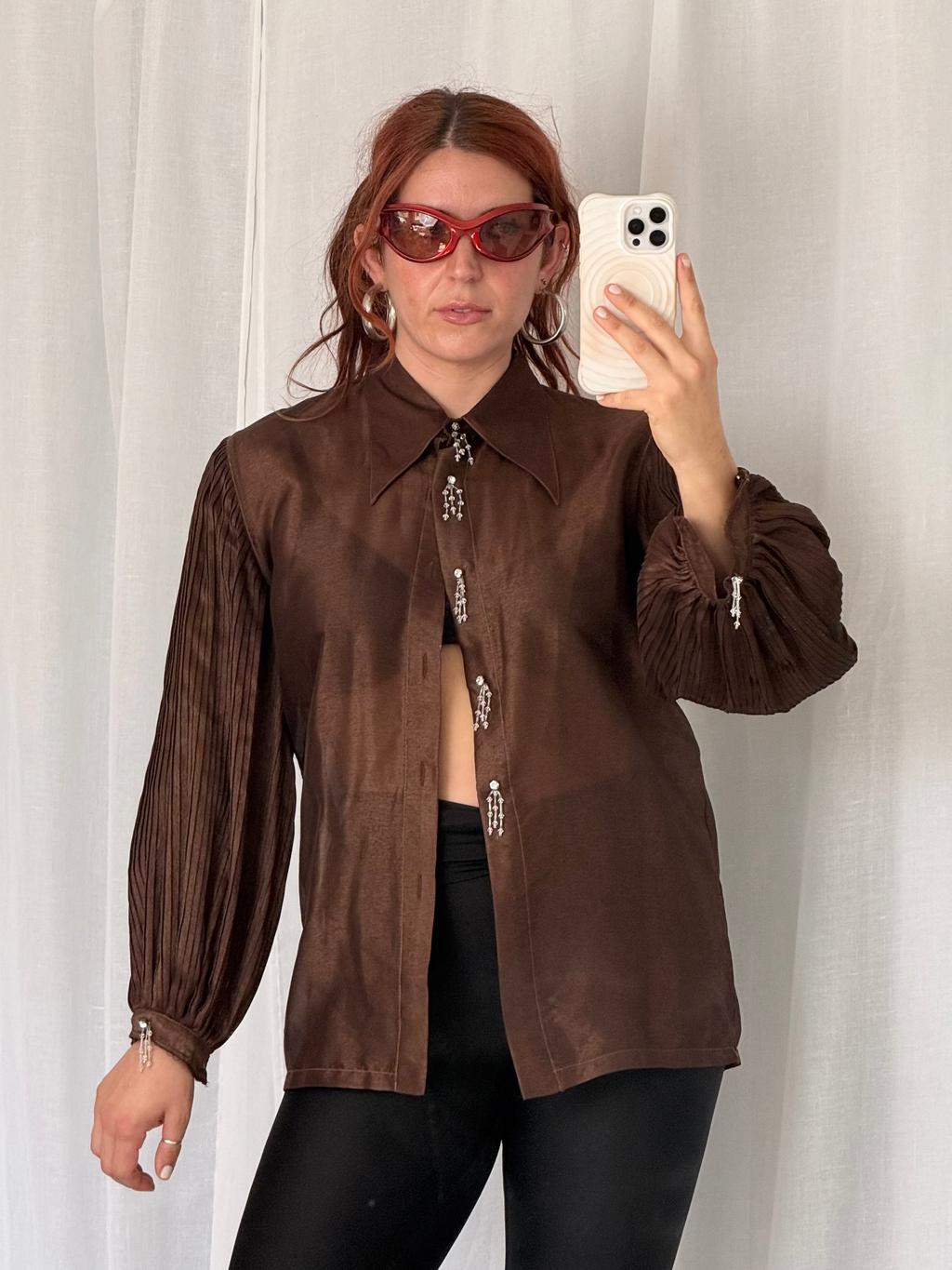 80s chocolate sheer crystal blouse ✧