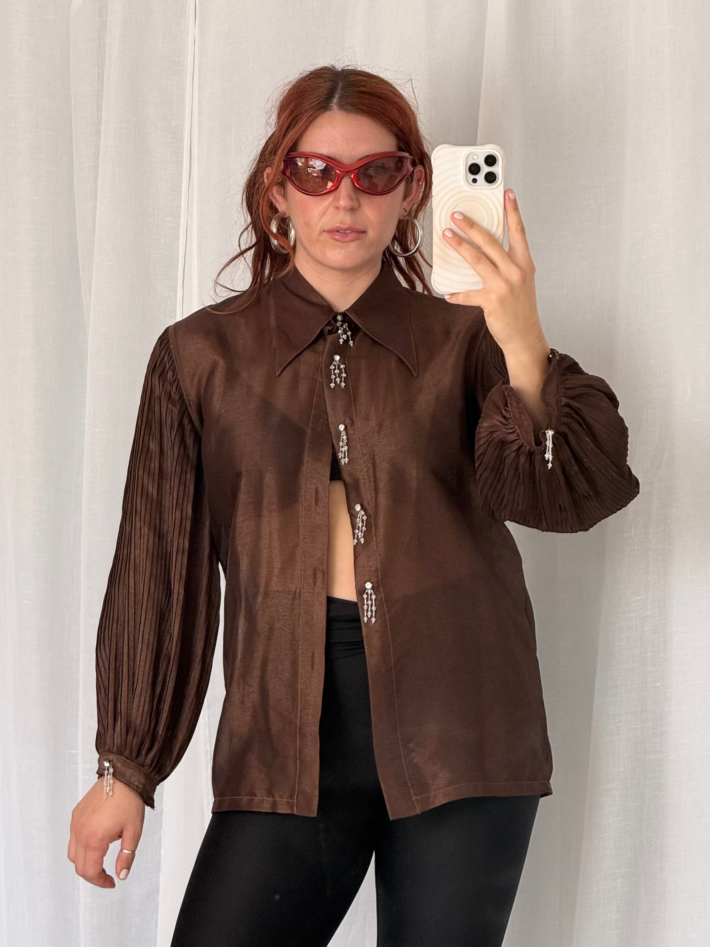 80s chocolate sheer crystal blouse ✧