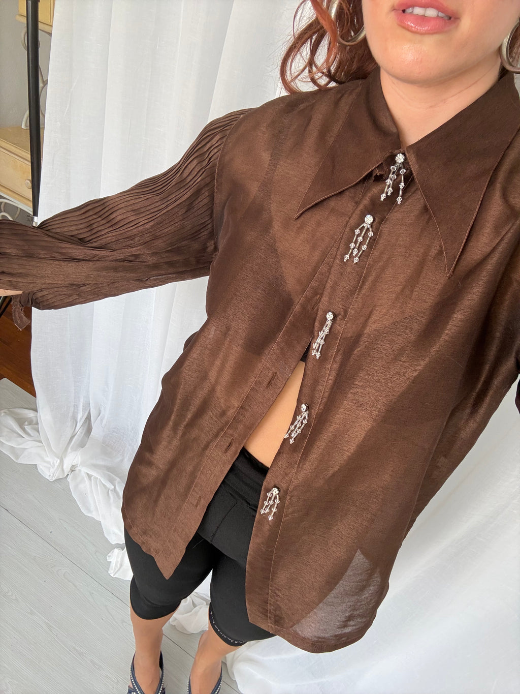 80s chocolate sheer crystal blouse ✧
