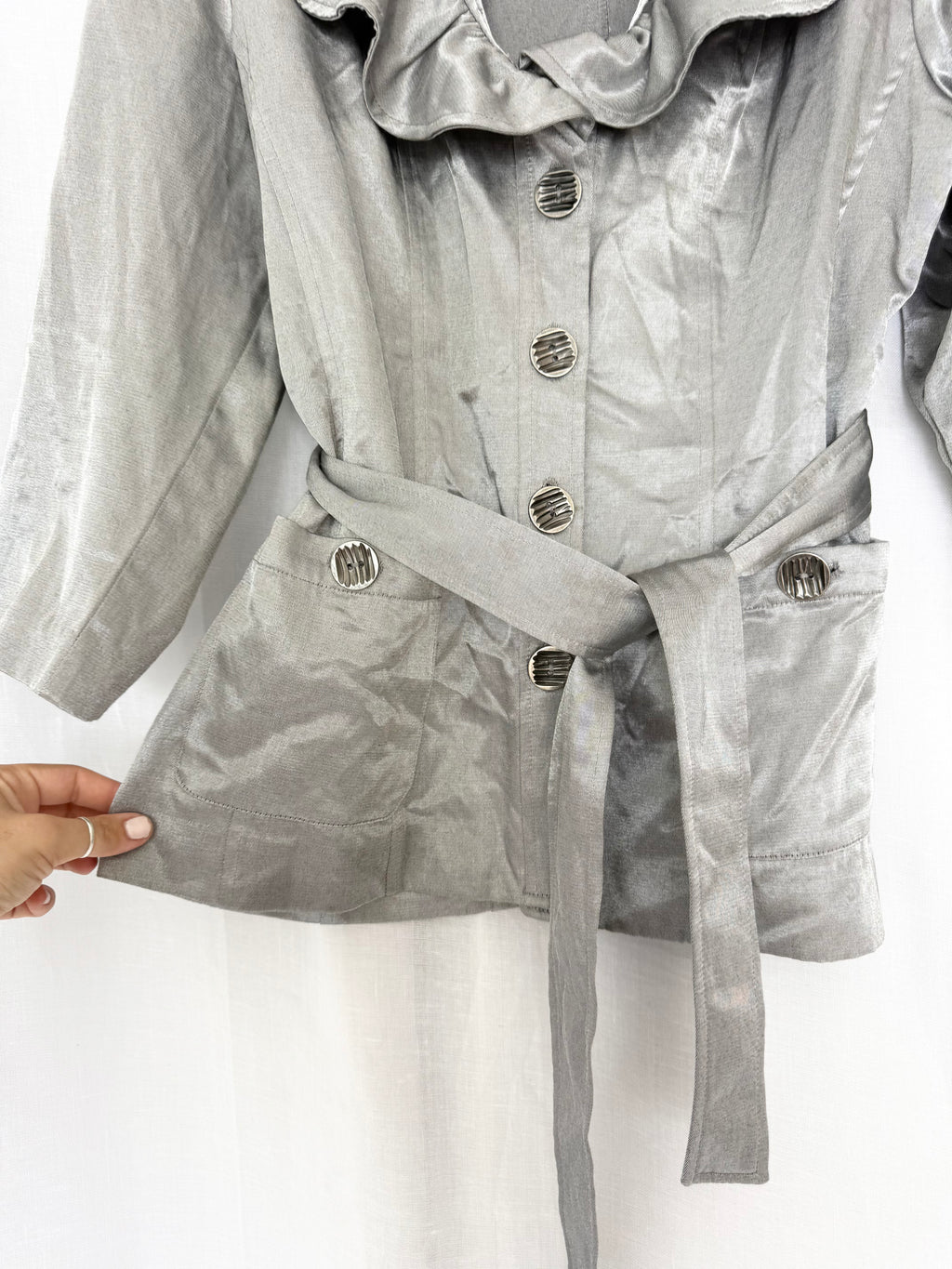 ✧ y2k metallic silver ruffle jacket ✧